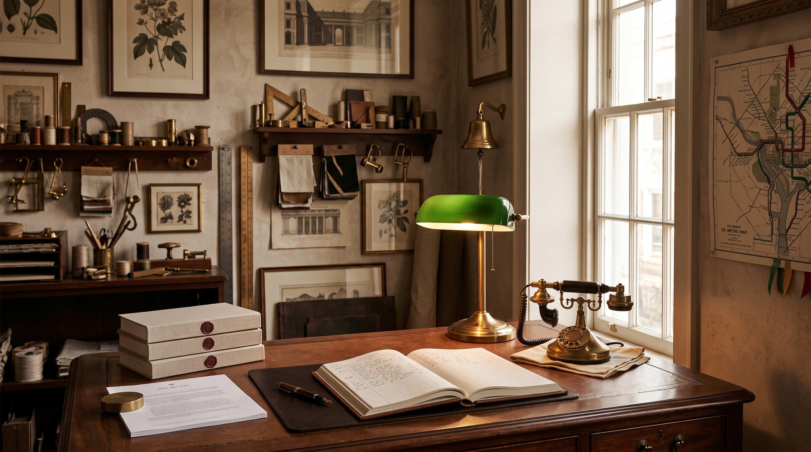 Antonio's Colvin Street workshop office for hotel-FF&E-director calls — leather-topped Federal writing desk with an antique brass-and-bakelite candlestick rotary telephone receiver lifted on a folded chamois, leather-bound FF&E intake ledger open to a hand-written GM / FF&E-director inquiry log, three brand-standards books stacked with discreet wax-seal covers, Federal-period DC-metro map with pinned ribbons marking hotel-corridor districts