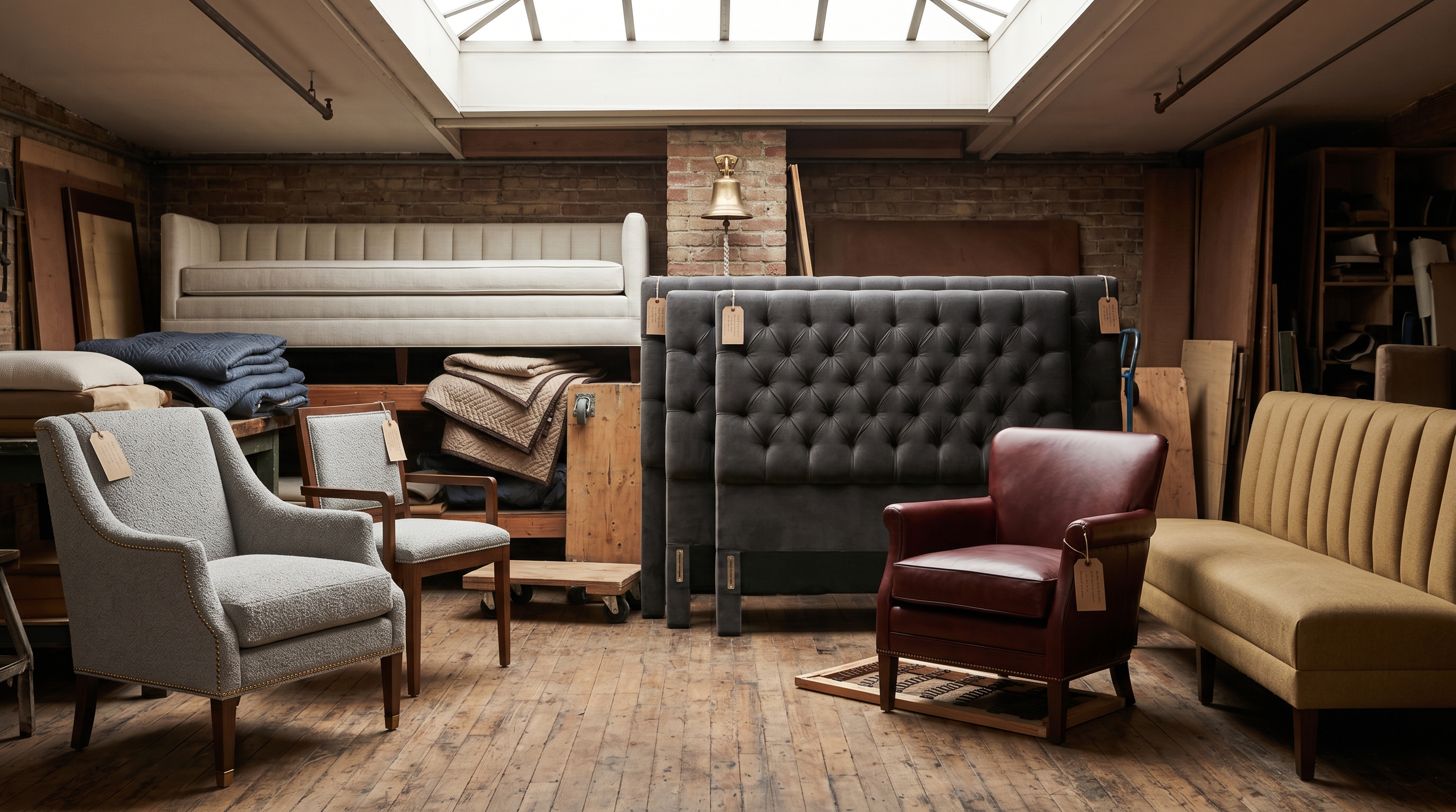 Bergerie hospitality-staging bay with guestroom and public-space FF&E tableau — dove-gray performance-bouclé guestroom lounge chair with brass-cap nailhead trim and matching desk chair, oyster-linen window-bench with new boxed cushion, row of three identical charcoal-velvet tufted guestroom headboards, oxblood-crypton club-lounge chair with spring deck visible, long ochre-wool lobby banquette, jute FF&E-inventory tags