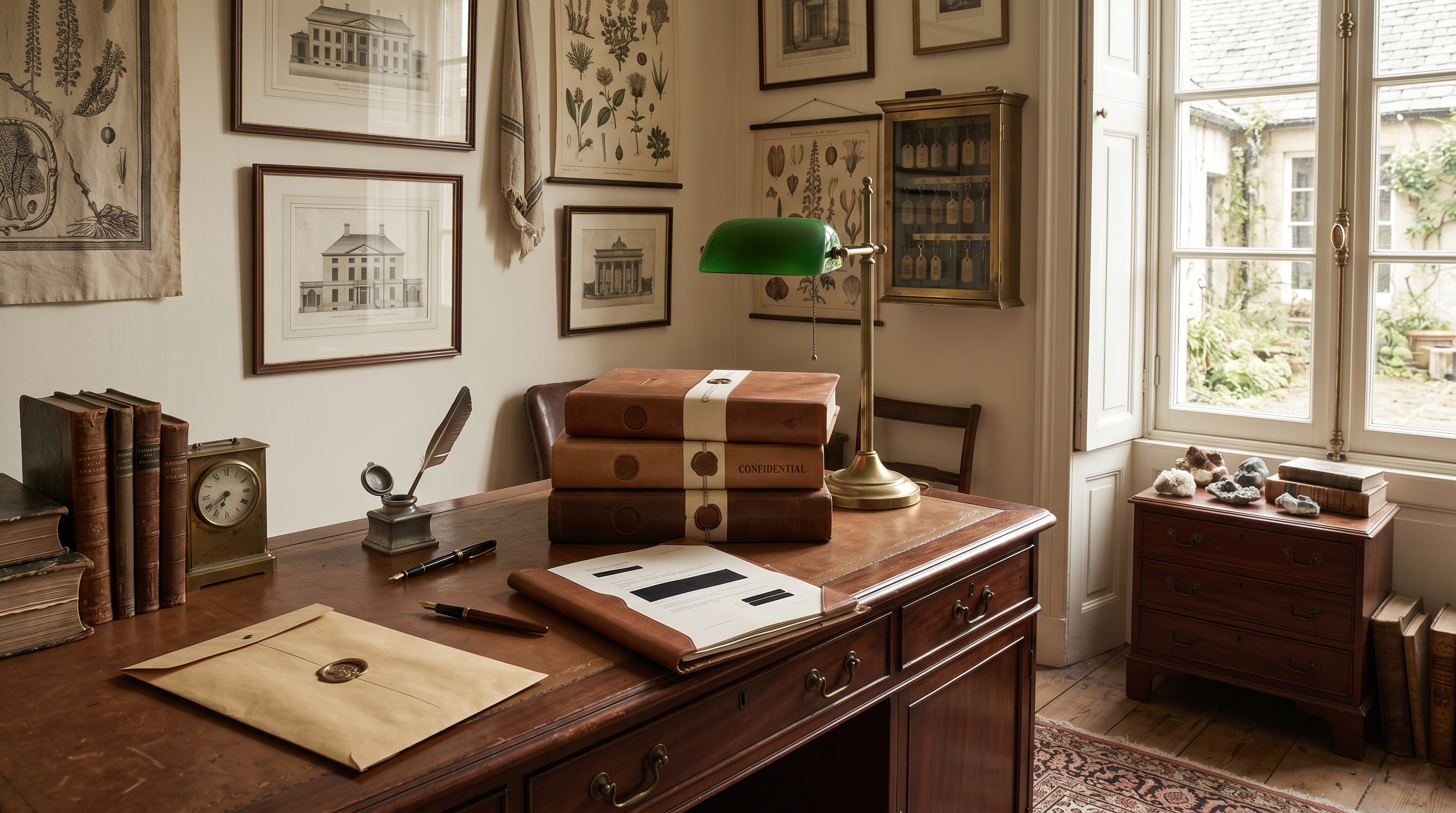 Bergerie hospitality-NDA review alcove for brand-standards intake — partners' desk with three closed leather-covered brand-standards FF&E specification books stacked discreetly each banded with a wax-sealed 'CONFIDENTIAL' paper ribbon, leather portfolio of property-specific sub-spec sheets with black-redaction blocks on the property-name fields, wax-sealed NDA intake envelope, antique brass key-cabinet on the wall