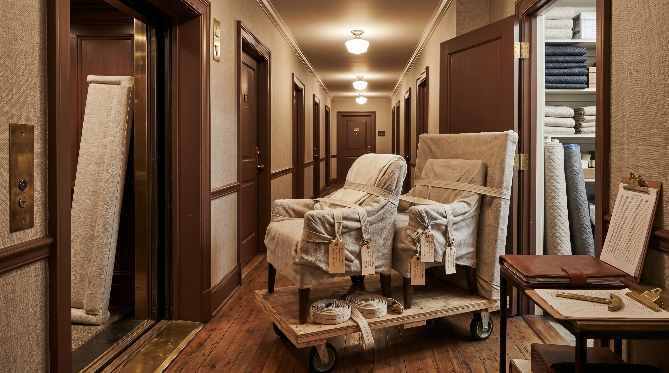 Hotel back-of-house service corridor during floor-by-floor FF&E refresh — wooden cargo dolly with two blanket-wrapped guestroom lounge chairs and a wrapped headboard tagged with hand-tied jute, corridor of identical guestroom doors with brass numerals, FF&E inventory office door ajar showing quilted moving pads and performance-bouclé bolts, freight elevator open with a wrapped window-bench staged inside