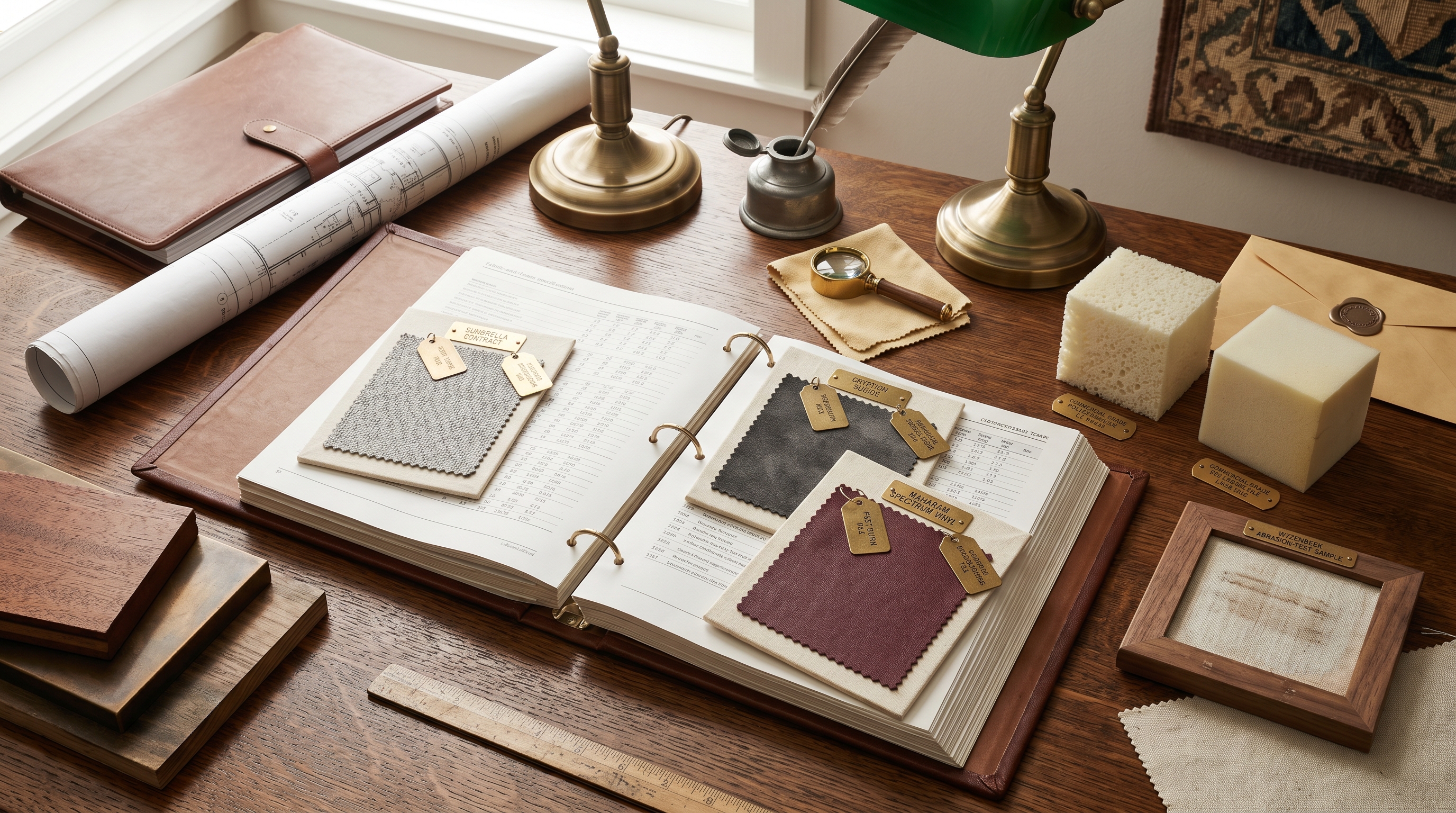 Bergerie hospitality-compliance spec desk for an FF&E book review — three-ring leather FF&E specification book open with pinned half-yard memo cuts of Sunbrella Contract dove-gray pebble, Crypton Suede charcoal, and Maharam Spectrum Vinyl oxblood each tagged with brass test-burn and abrasion-rating tags, side-by-side cubes of commercial 1.8-lb and 2.5-lb polyurethane foam with brass density tags, Wyzenbeek abrasion-test sample