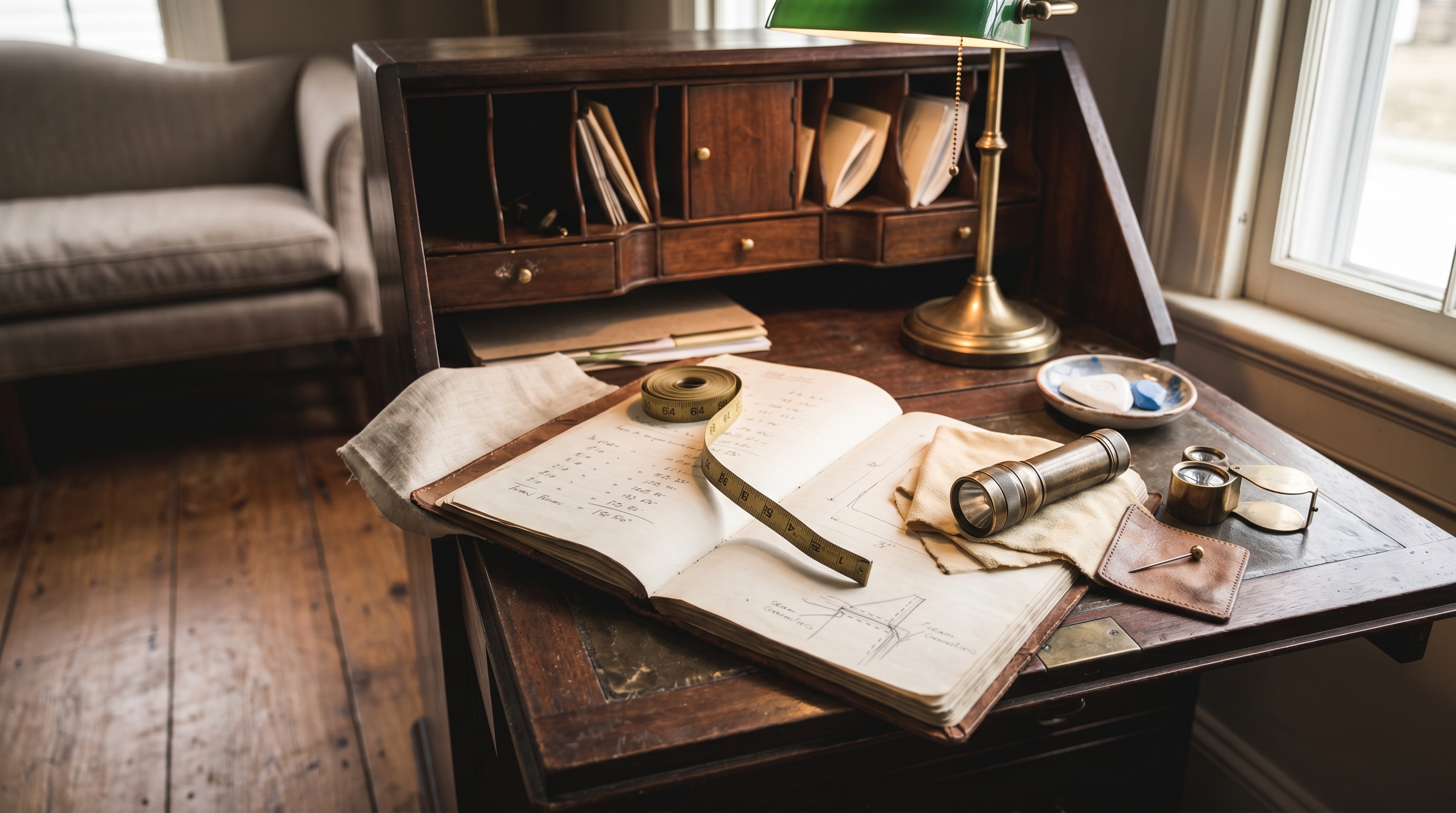 Tight close on Antonio's in-home consultation tools on the writing flap of a Federal mahogany slant-front desk being assessed — open leather-bound notebook with hand-written sectional measurements and a seam-connection sketch, brass tape measure unspooled to 84 inches, brass flashlight on chamois, brass-headed pin, antique brass loupe-and-folding-magnifier, dish of upholsterer's chalk, pigeonhole interior visible behind