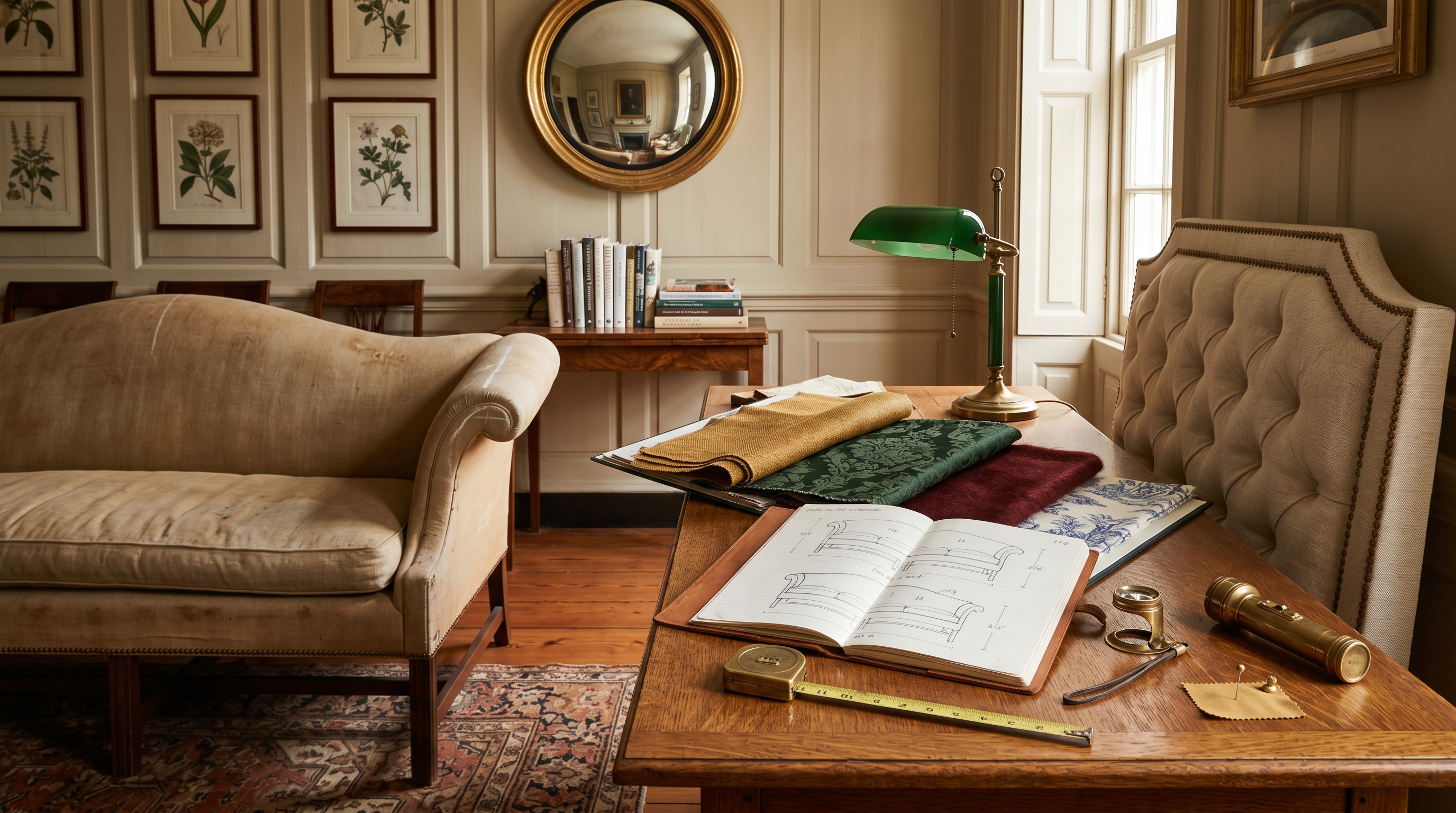 In-home designer consultation in a Federal-period DC-metro drawing room — long quartersawn-oak side table layered with the designer's portfolio of ochre silk, forest-green damask, oxblood mohair, and toile memos beside Antonio's brass tape measure and notebook open to Camelback elevations, Camelback sofa being measured with chalk-marked cushion crown line, tufted oyster-linen headboard awaiting specification