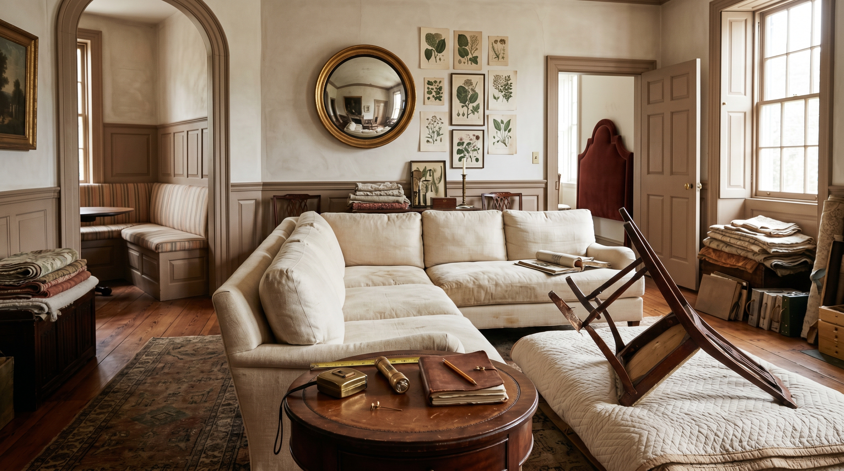 Federal-period Old Town drawing room set up for an in-home consultation — L-shaped cream-linen sectional sofa (too-large case), built-in banquette in a breakfast nook through an arched doorway, wall-mounted oxblood-velvet headboard fragment through a hallway, Federal antique side chair with a separated leg-and-stretcher joint on a quilted pad (too-fragile case), Antonio's brass tape measure and notebook on a side table