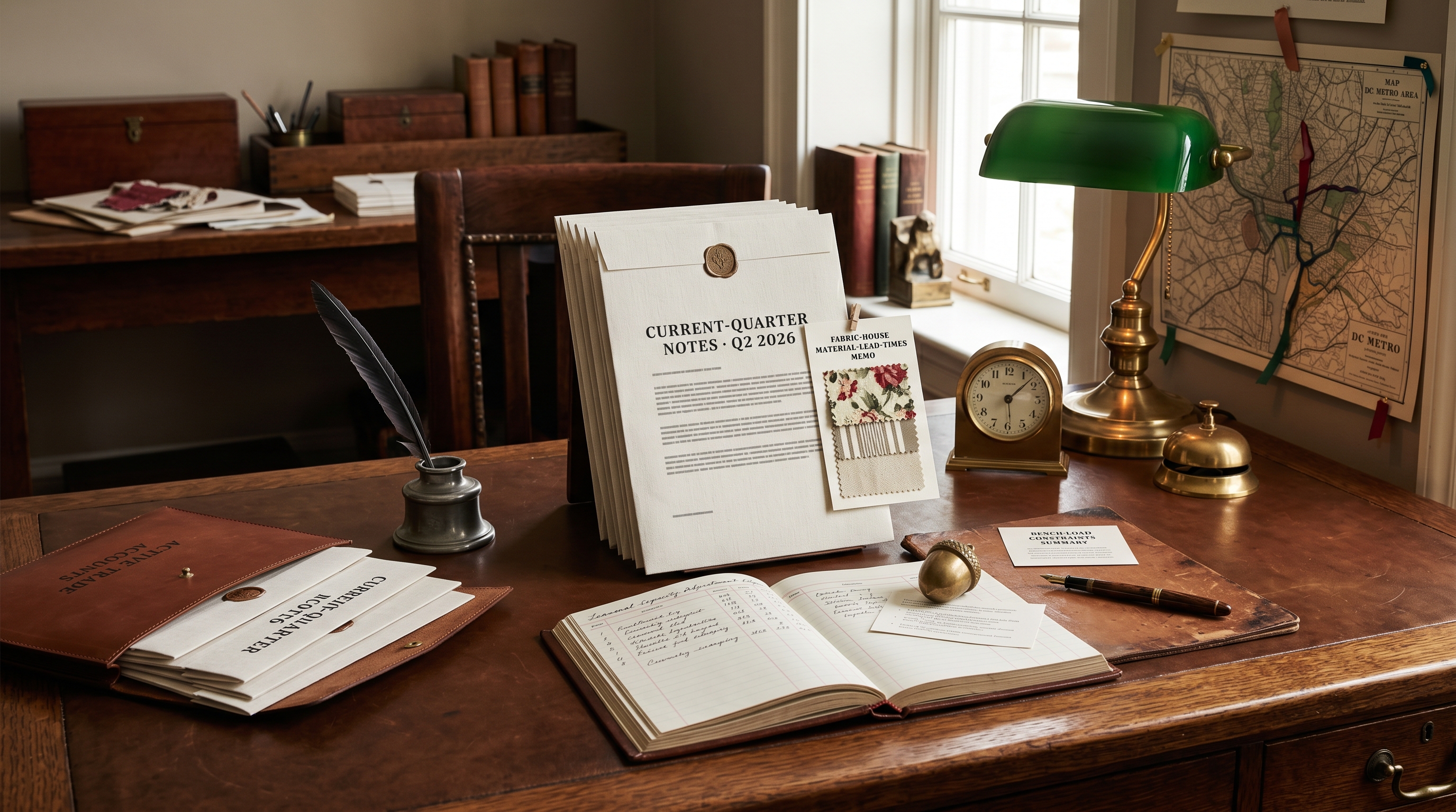 Bergerie current-quarter-briefing desk for the quarterly trade-account email update — stack of letterpress CURRENT-QUARTER NOTES · Q2 2026 briefing letters on heavy linen letterhead each with a wax-seal corner and hand-written sub-paragraphs, fabric-house material-lead-times memo with pinned swatches, seasonal-capacity-adjustment ledger, bench-load constraints summary card, leather portfolio addressed to ACTIVE TRADE ACCOUNTS, DC-metro map with district ribbons