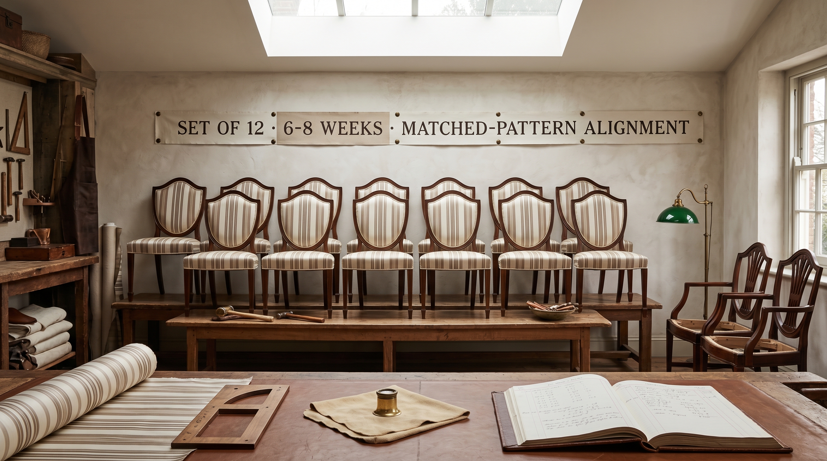 Bergerie dining-set staging bay for a matched 12-chair set — long oak bench with twelve identical Hepplewhite shield-back side chairs in two rows of six at identical recover stages with the matched-pattern striped silk carrying across all 12 backs in the same vertical placement, wall-pinned timeline ribbon reading SET OF 12 · 6-8 WEEKS · MATCHED-PATTERN ALIGNMENT, foreground roll of the striped silk COM and pattern-repeat math ledger