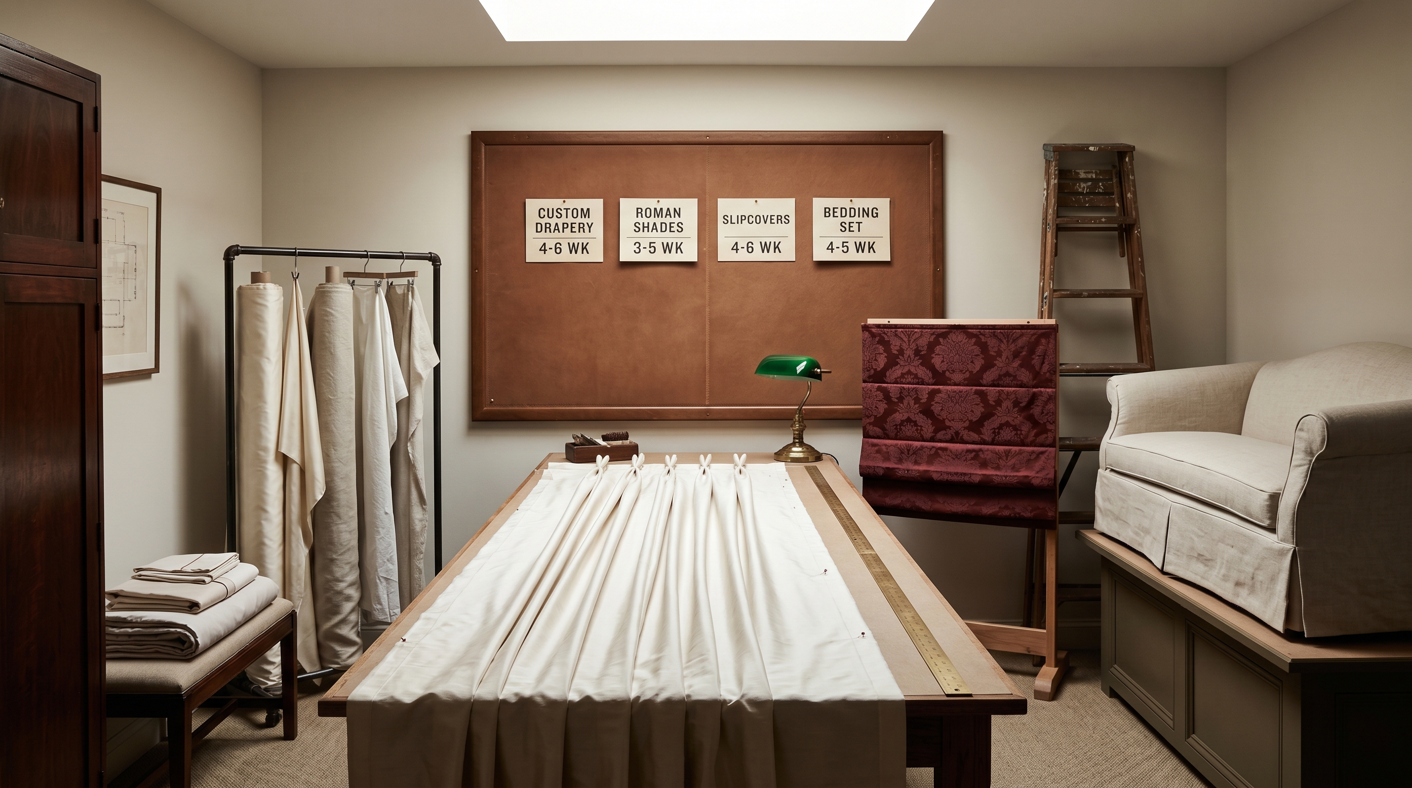 Bergerie soft-goods workroom with a lead-time corkboard above the cutting table — cream-silk triple-pinch-pleat drapery panel pinned mid-fabrication, wall corkboard pinned with four letterpress lead-time tickets (CUSTOM DRAPERY · 4-6 WK, ROMAN SHADES · 3-5 WK, SLIPCOVERS · 4-6 WK, BEDDING SET · 4-5 WK), oxblood-damask Roman shade mid hobbled-fold, Camelback slipcover mid-fitting, tailored bedding folded on a side bench