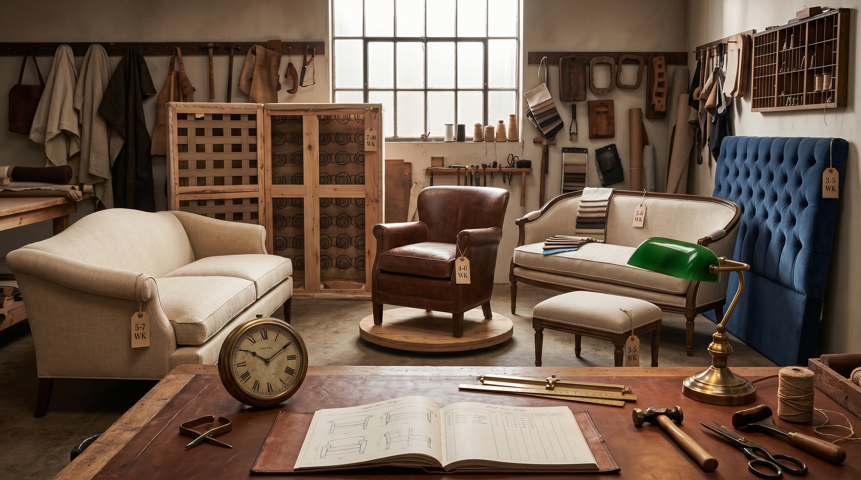 Bergerie workshop bay residential lead-time tableau — completed 84-inch Camelback sofa with a 5-7 WK jute timeline tag, sectional sofa frame with 7-10 WK, club chair on a turntable with 4-6 WK, settee with 5-6 WK, ottoman with 3-5 WK, tufted headboard with 3-5 WK, foreground leather-bound lead-time ledger with a weekly throughput grid, large brass timepiece showing workshop hour