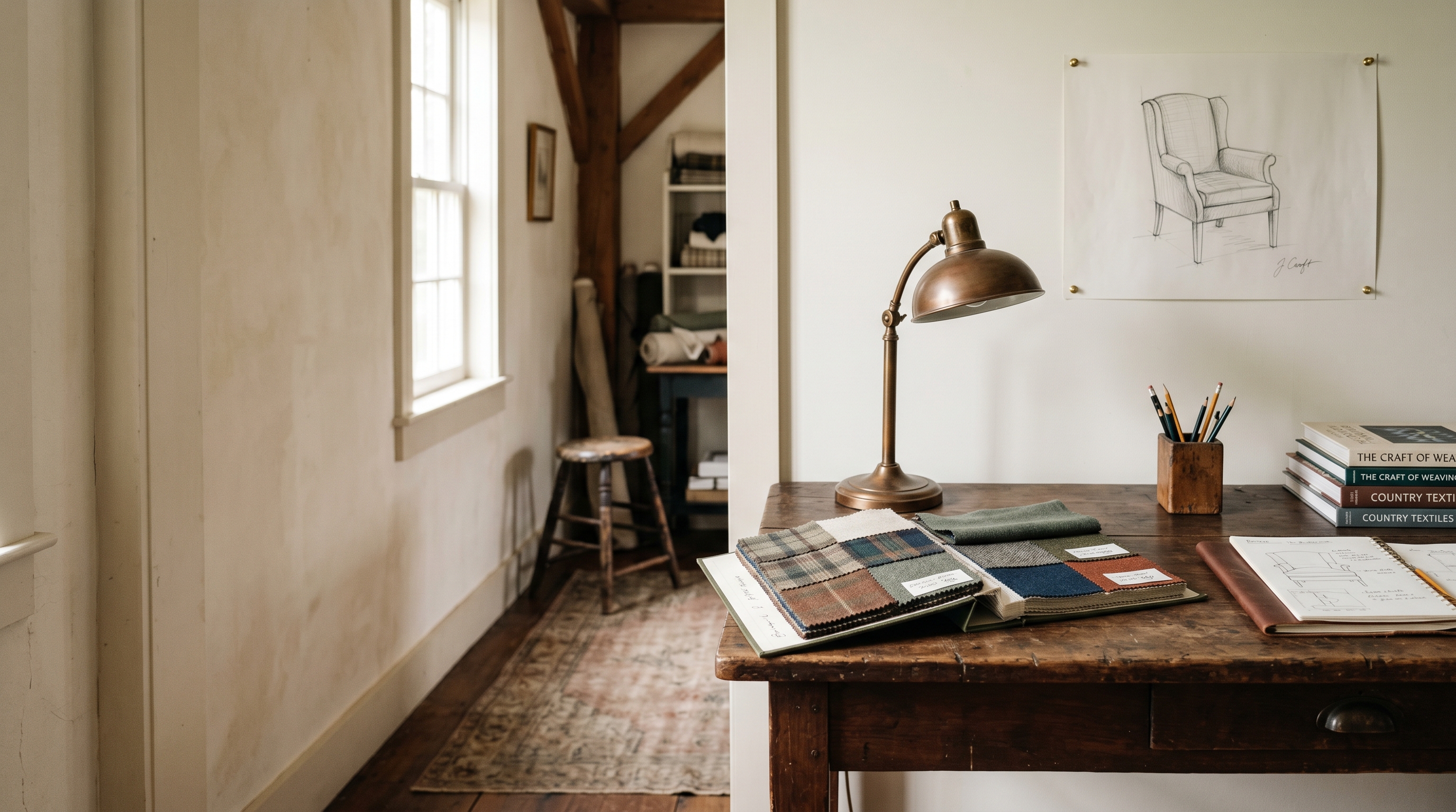 Designer's small studio with open swatch book, framed chair sketch, and antique brass desk lamp
