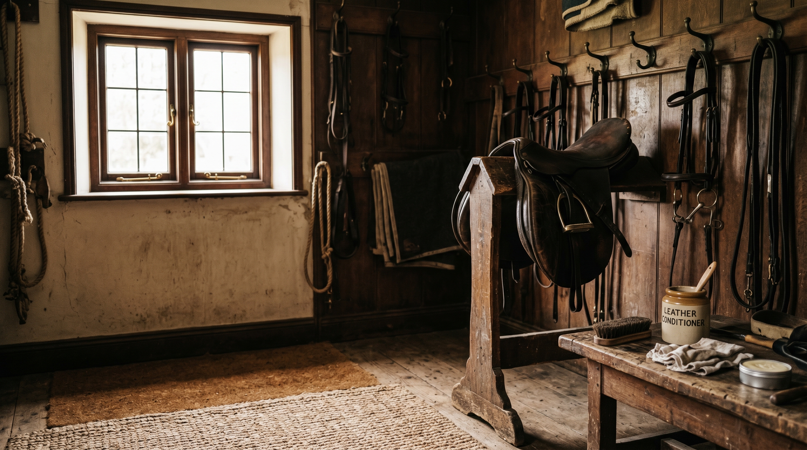 Country-house tack room — English saddle, bridles on brass hooks, leather conditioner on a workbench
