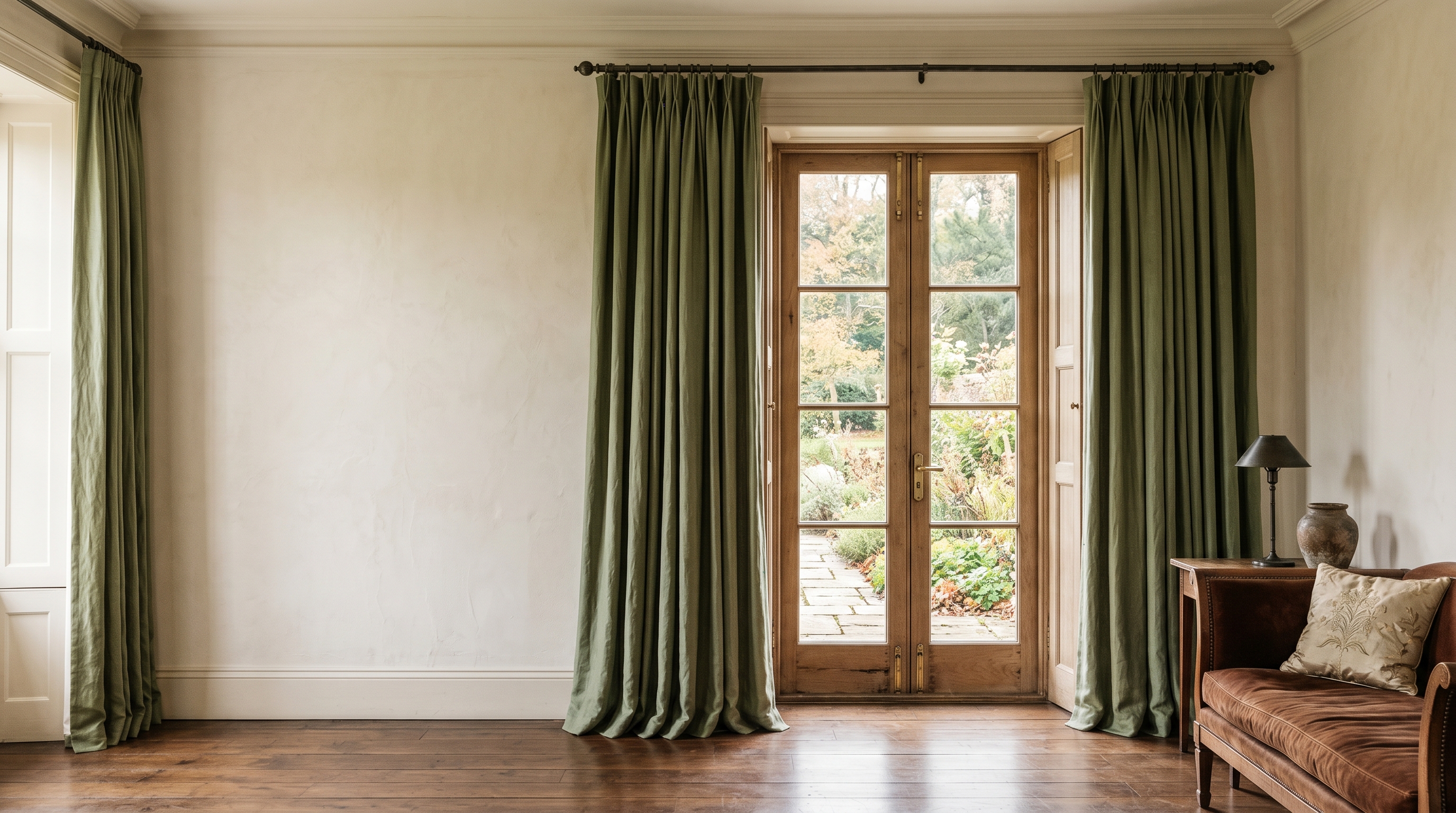 Grand-room country house — moss-green silk drapery framing tall French doors to a garden