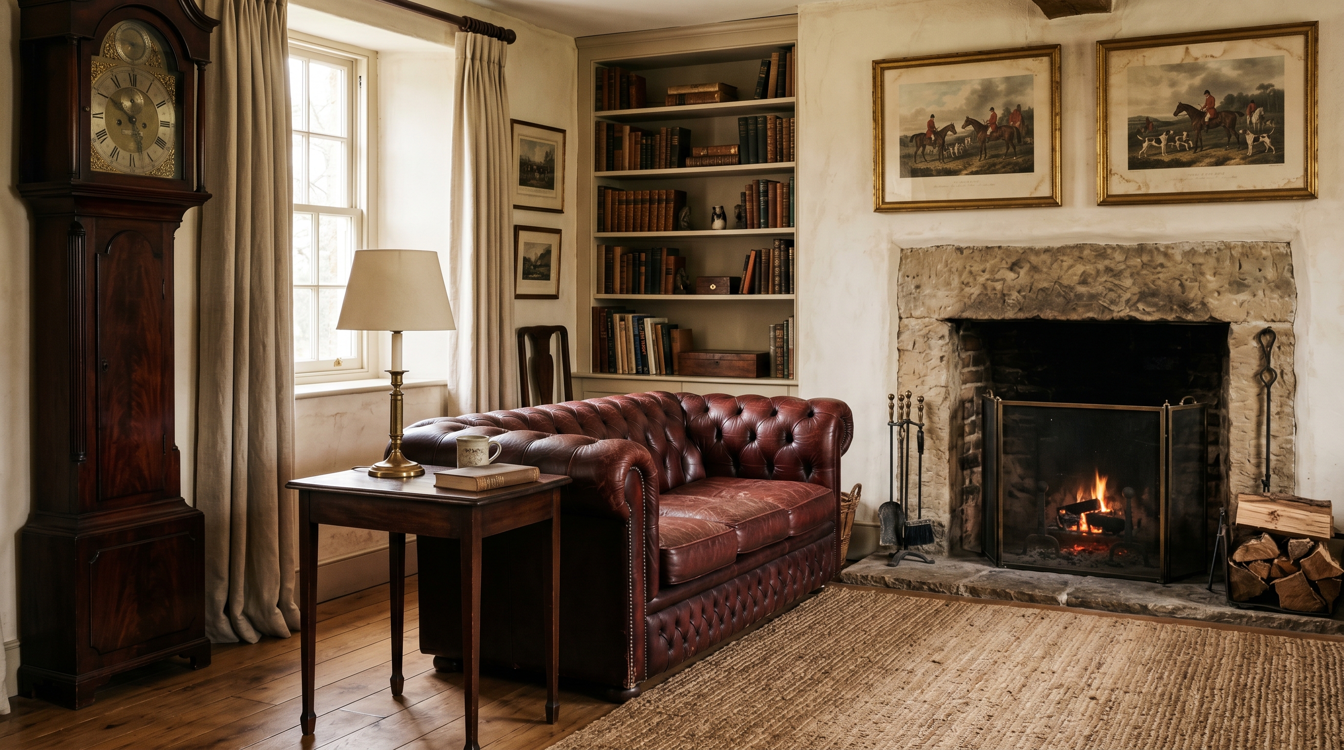 Hunt-country sitting room — oxblood-leather Chesterfield by a stone fireplace with antique sporting prints above