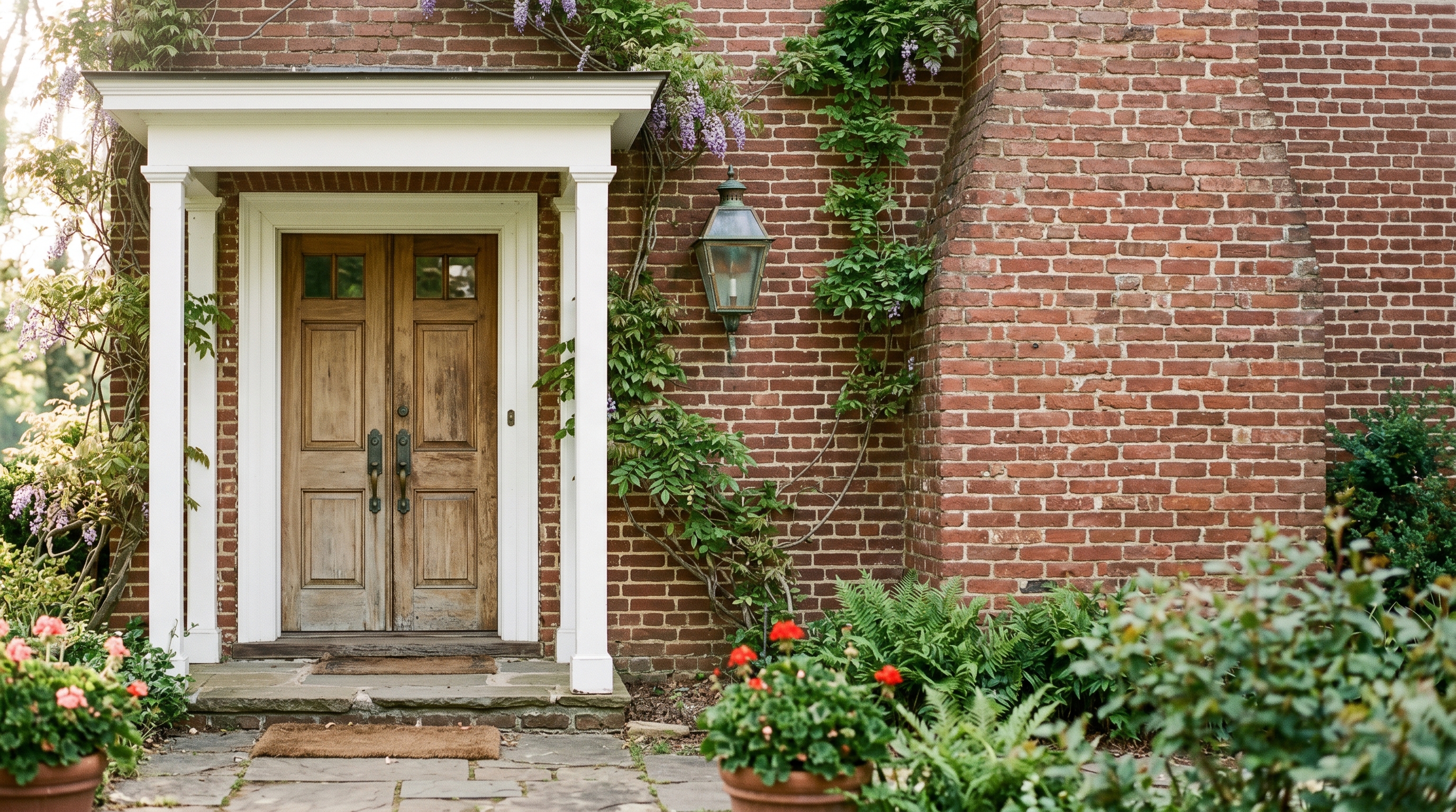 Weathered brick estate entry with white-painted double doors, brass lantern, and climbing wisteria