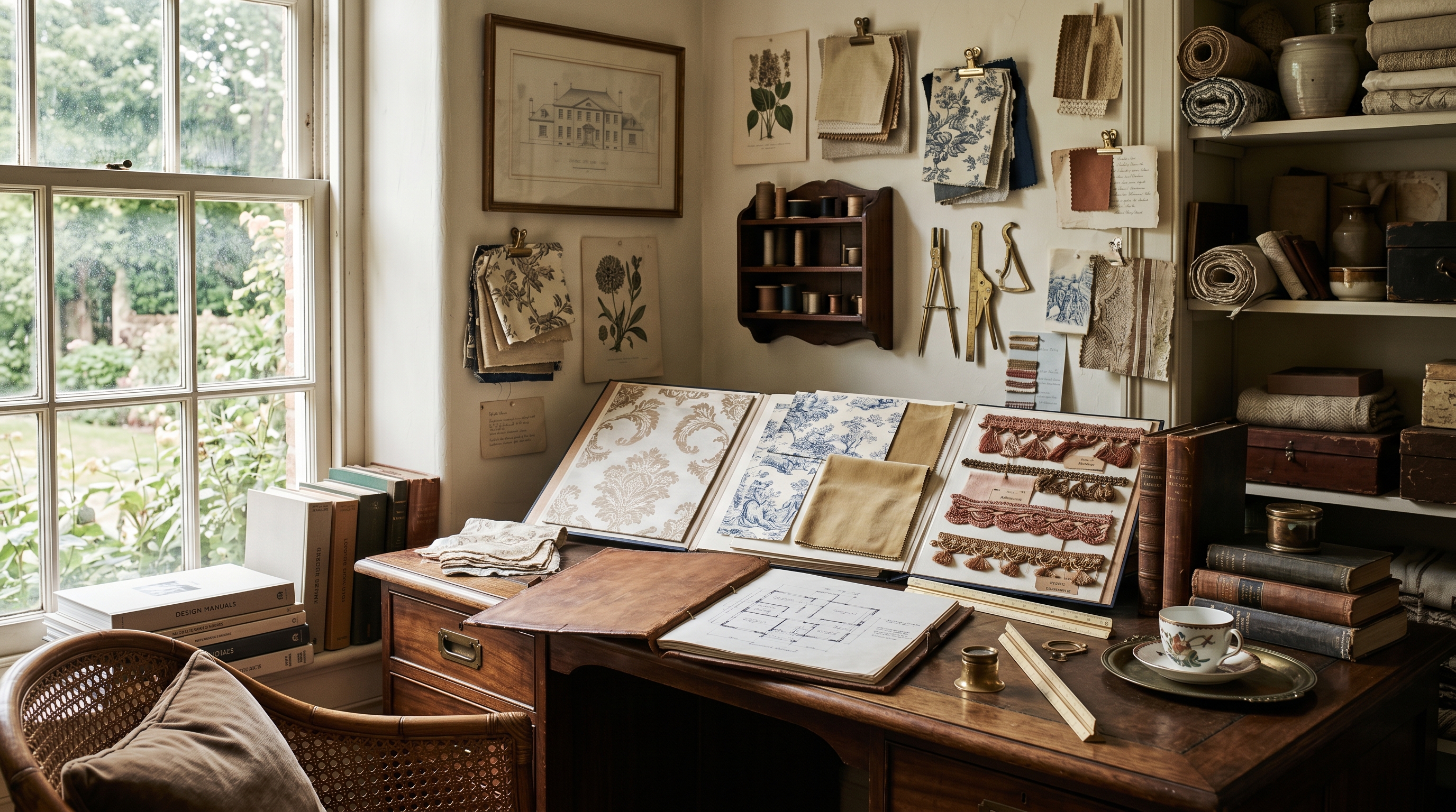 McLean designer's working corner — antique walnut campaign desk angled to a mullioned window, swatch boards in cream-and-bronze silks and toile memos, leather portfolio open to a hand-drawn floor plan, brass scale ruler, porcelain teacup on brass tray