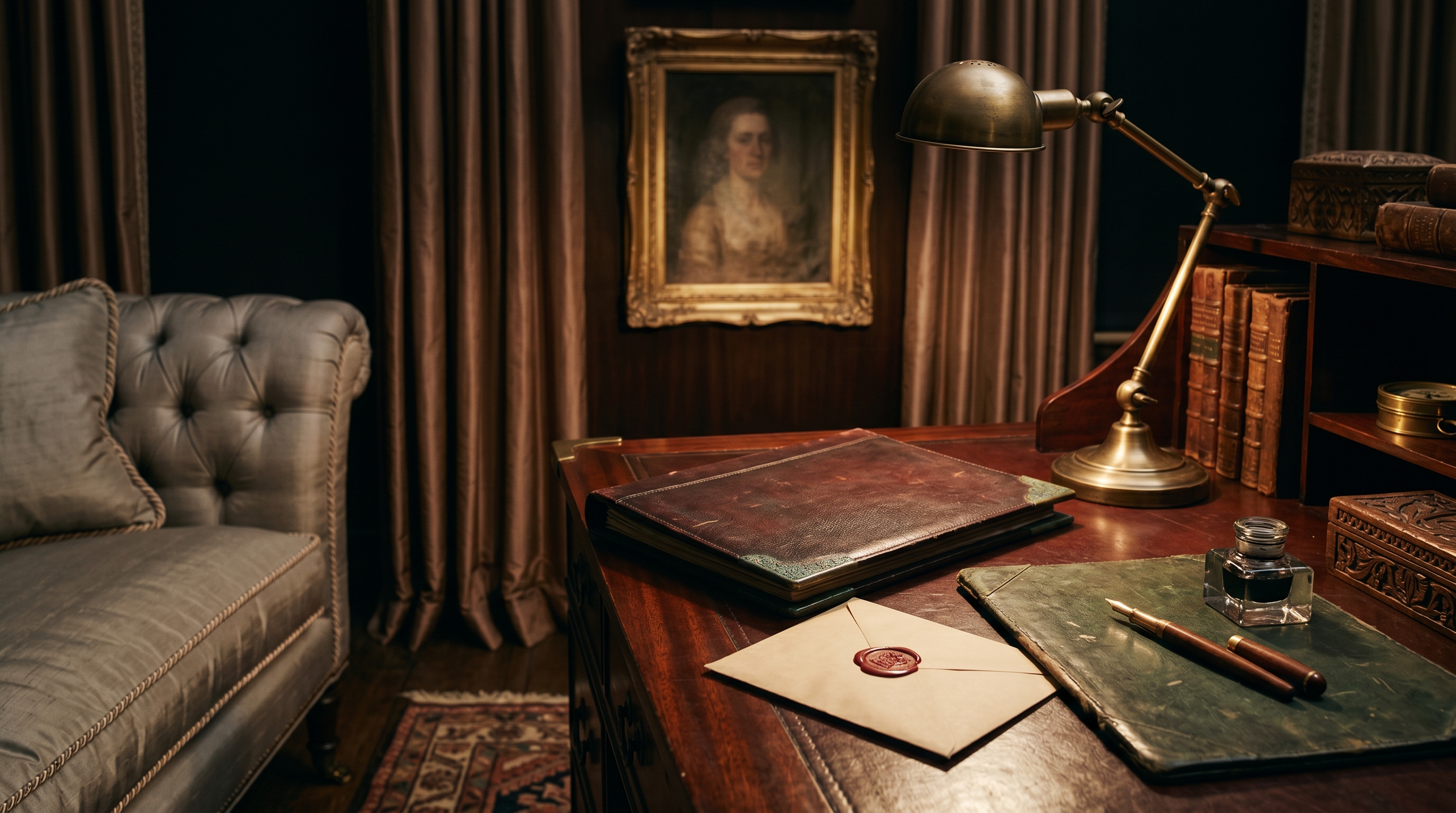 Lamp-lit embassy-tier study still life — oxblood-leather portfolio binder with brass corners, manila envelope sealed with red wax, antique fountain pen on a leather blotter, faded gilt-framed oil portrait, glimpse of a dove-gray tufted Knole sofa arm in shadow