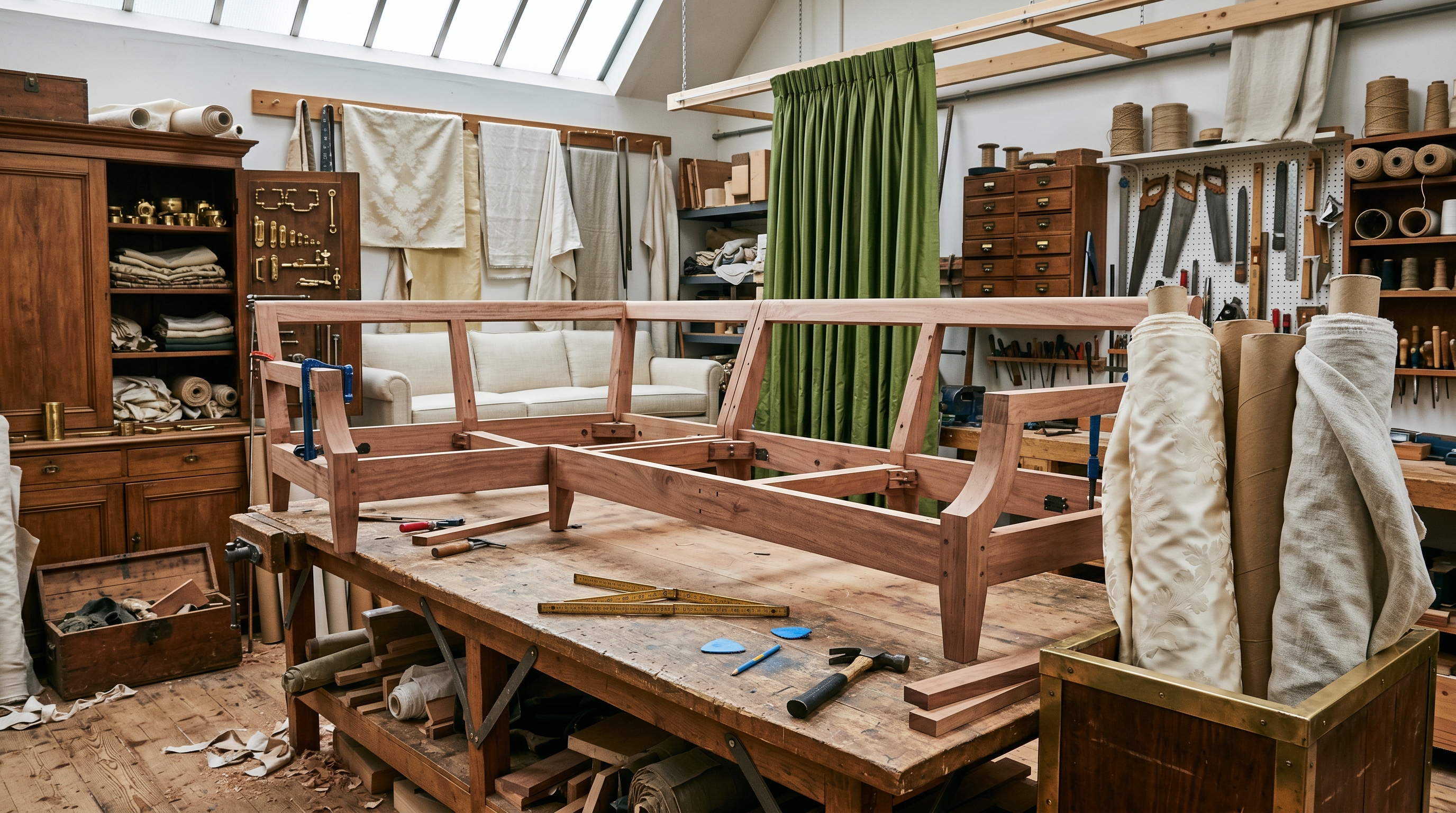 Estate-scale workshop scene — large sectional sofa frame in raw mahogany on a long oak bench, upright bolts of cream silk damask and oyster linen, moss-green silk-taffeta drapery panel hanging from a ceiling tenter, brass-handled tool cabinet