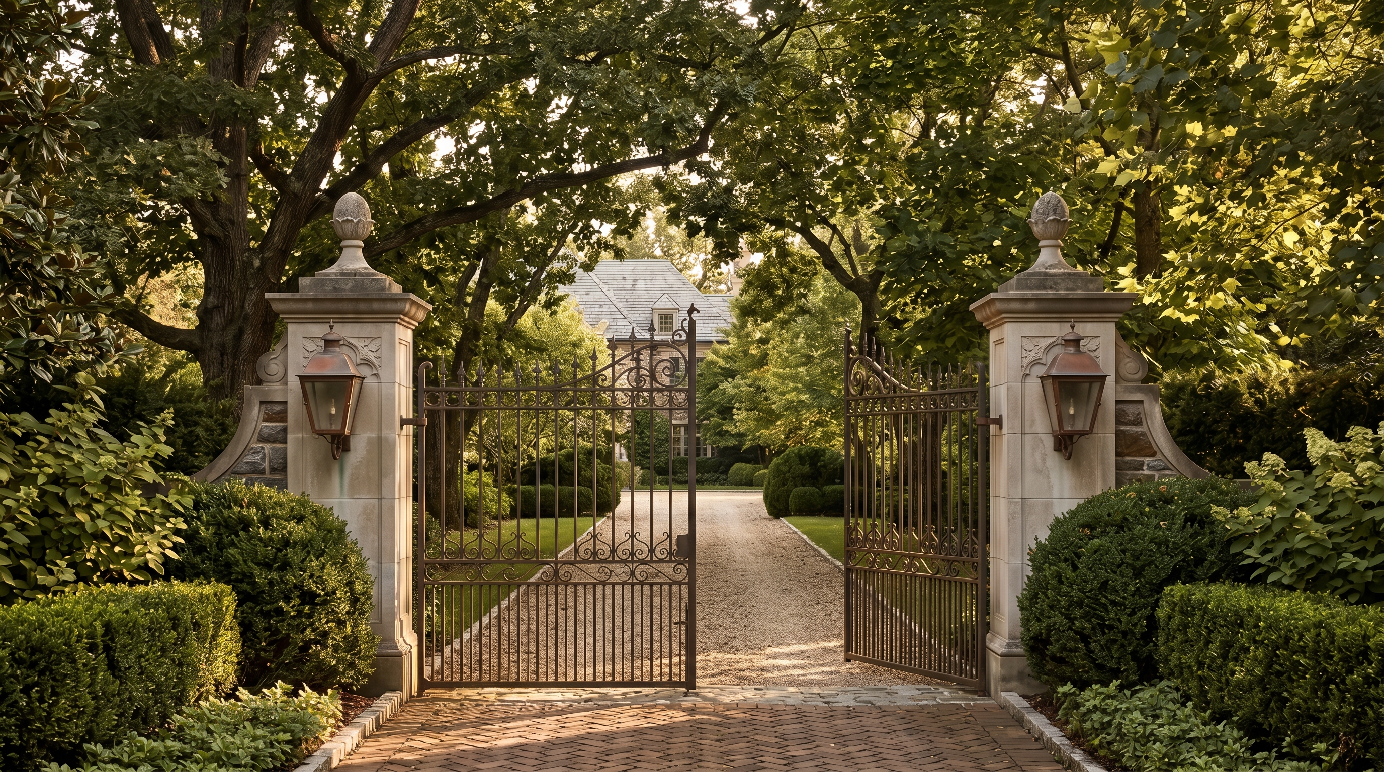 Embassy-tier McLean estate entry at golden hour — stone-pillared gateposts with weathered copper lanterns, wrought-iron gate ajar, mature oak canopy, manicured boxwood, glimpse of a slate-roofed Georgian estate up the gravel drive
