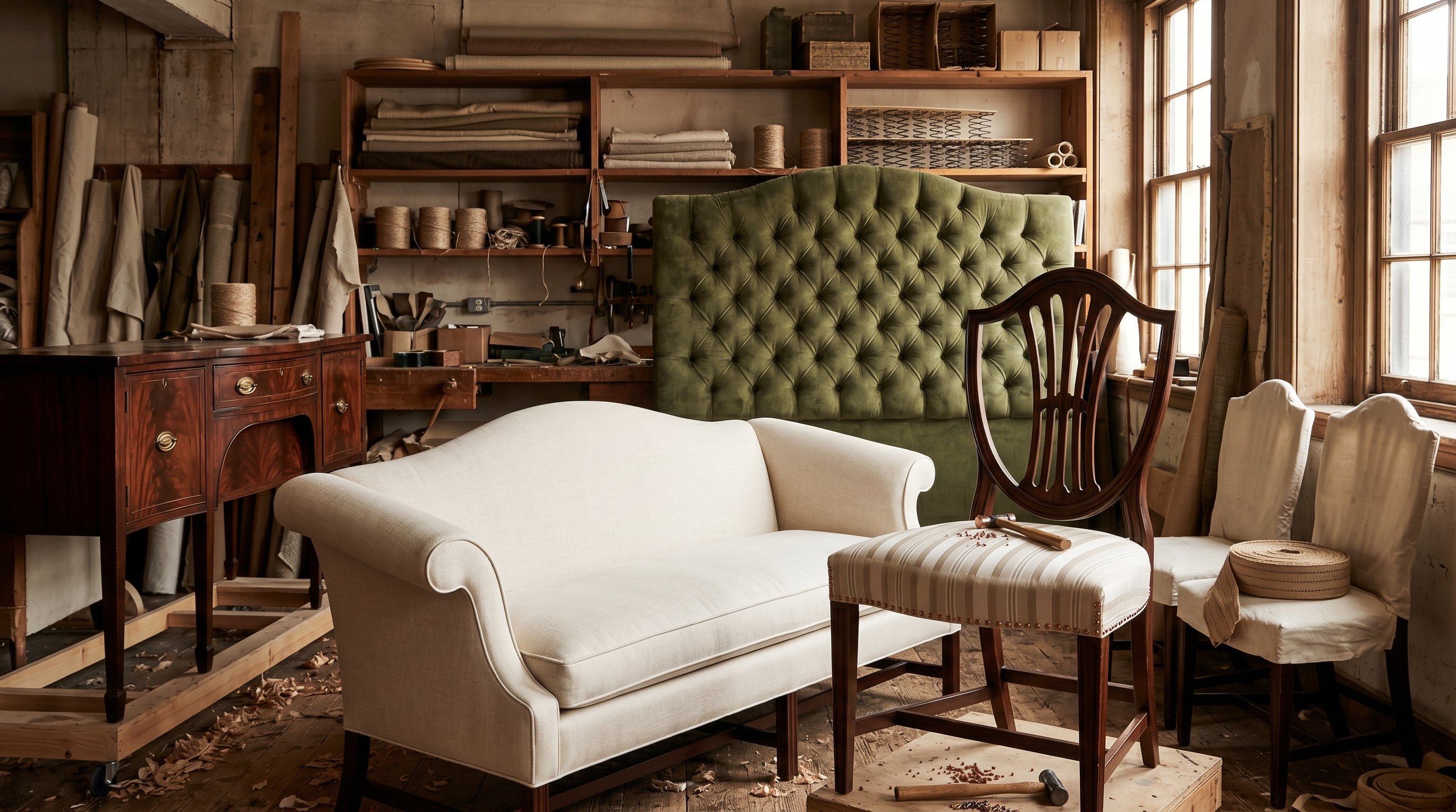 Workshop bay mid multi-piece project — cream linen Camelback sofa restored in foreground, Hepplewhite shield-back dining chair half-reupholstered, oversized moss-green tufted headboard against the back wall, mahogany Federal sideboard, fabric bolts