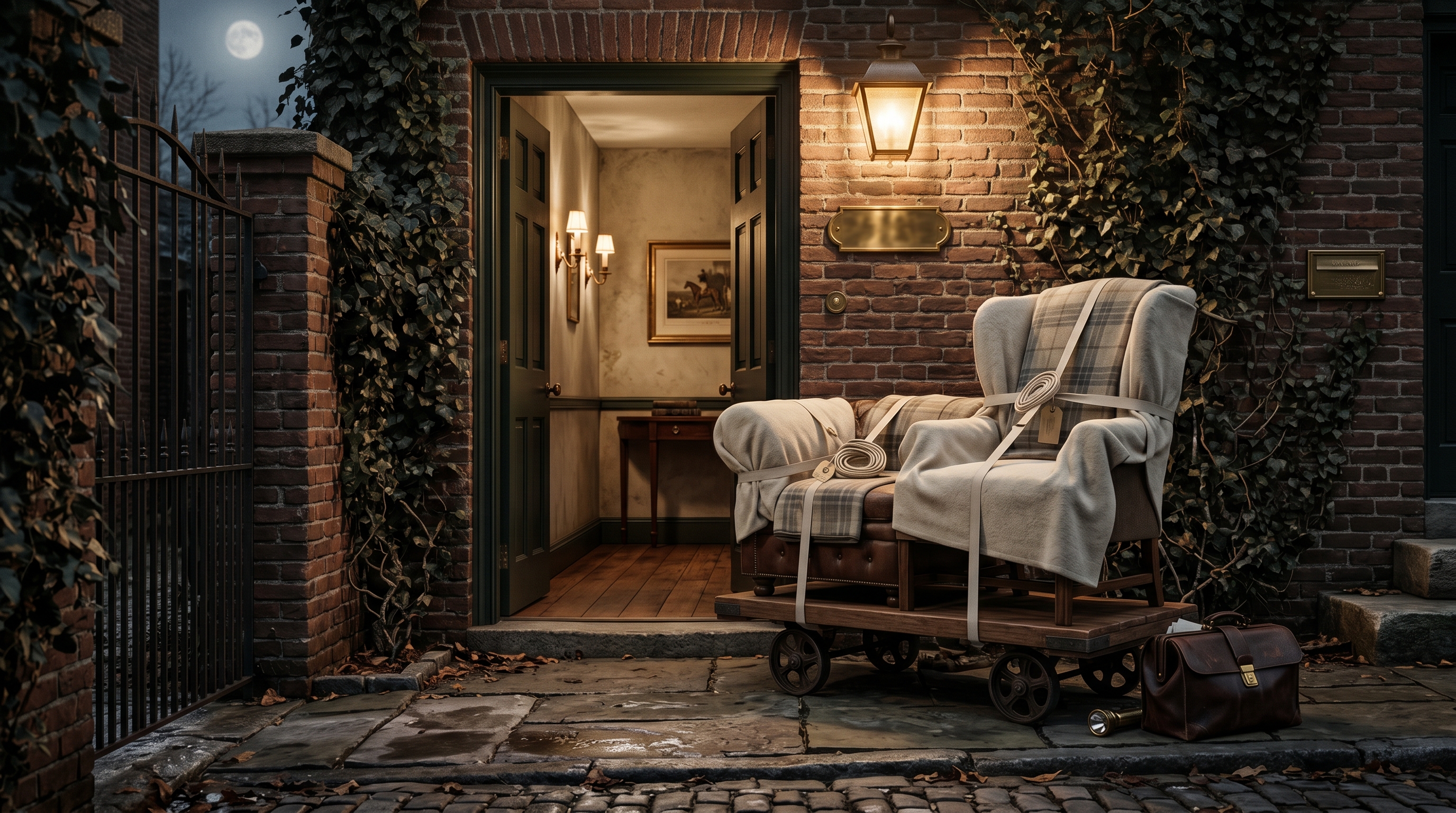 Private-club service entrance at 1 a.m. lit by a single coach lantern and winter moonlight — unmarked wooden cargo dolly inside the threshold holding a blanket-wrapped Chesterfield club sofa and a wrapped wing chair tagged with discreet jute, Federal-period brick rear-of-house with paneled green door ajar, wrought-iron rear-garden gate with climbing ivy