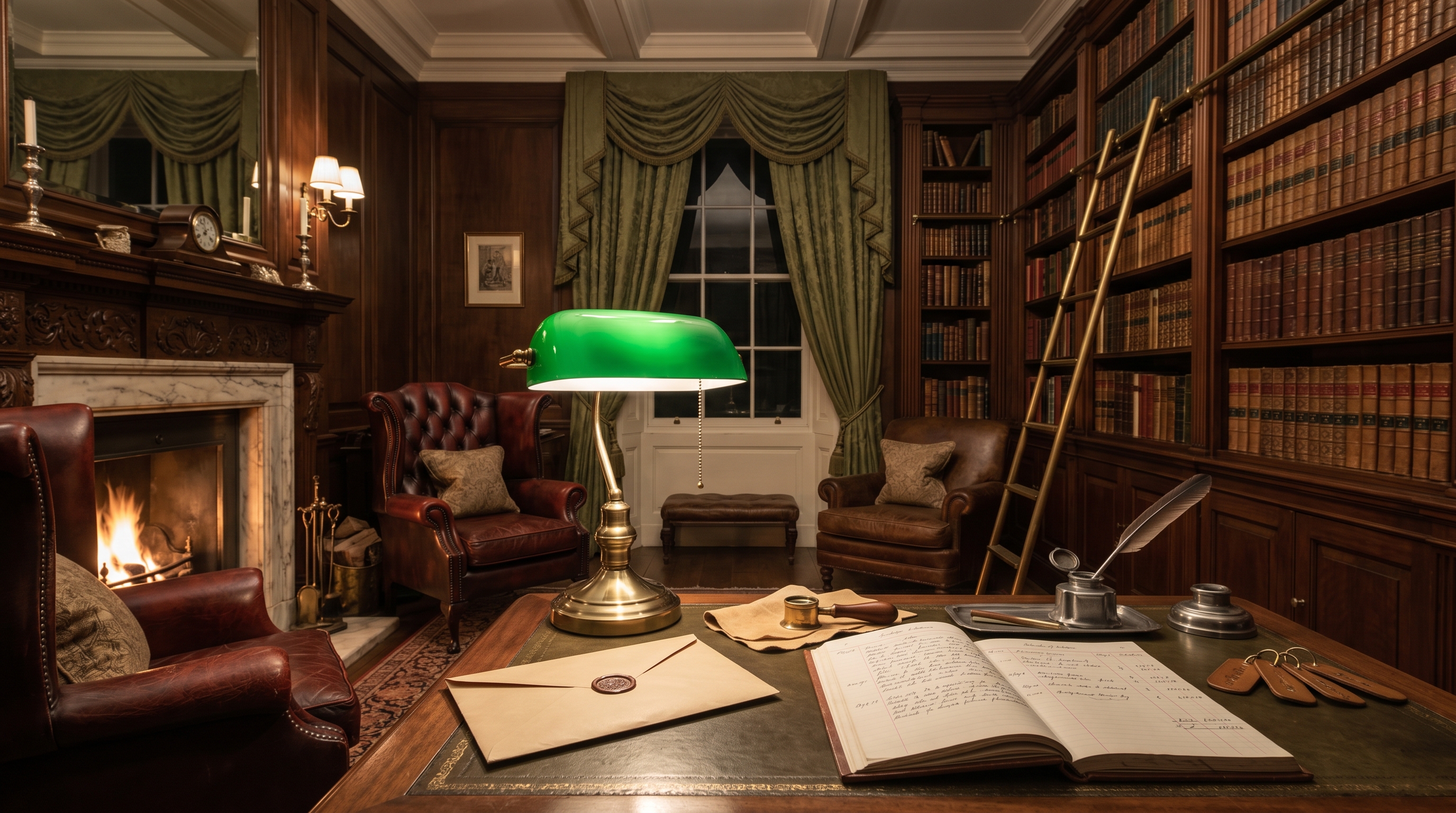 Private gentlemen's-club library reading room at late evening lit by a single brass desk lamp and a low hearth — writing-table arranged with a wax-sealed NDA envelope, leather-bound scope ledger, brass loupe on chamois, pewter inkwell with quill, oxblood-leather Chesterfields flanking the marble hearth, mahogany bookcases to coffered ceiling with brass library ladder, moss-green silk-damask drapery