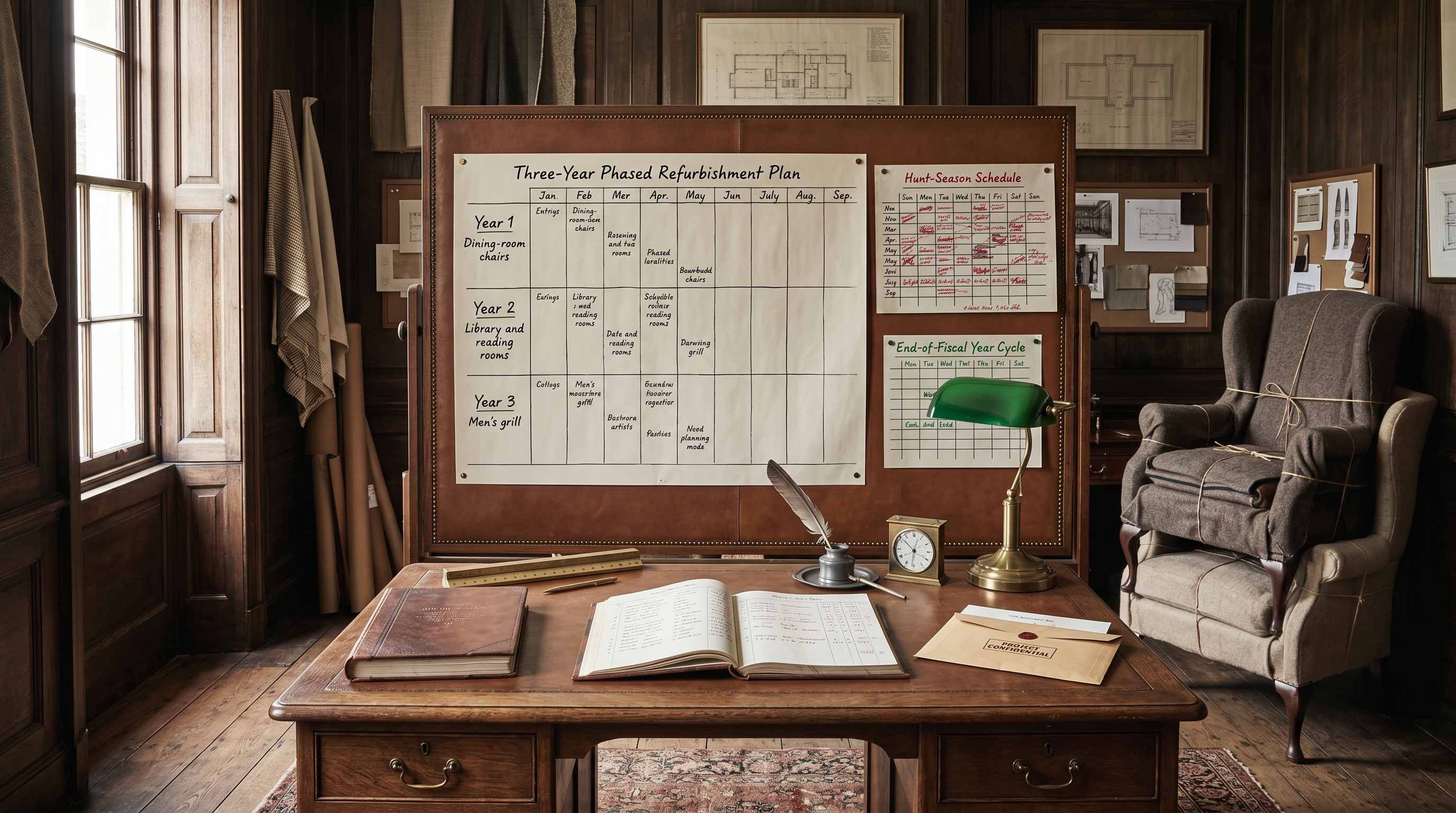 Bergerie private-club coordination alcove for house-calendar planning — partners' desk with a hand-drawn three-year phased refurbishment plan pinned above (Year 1 dining-room chairs, Year 2 library, Year 3 men's grill — illegible specifics), hunt-season schedule and end-of-fiscal-year cycle pinned beside, ledger of scope per phase, antique brass timepiece with cracked face, blanket-wrapped wing chairs ready for next phase