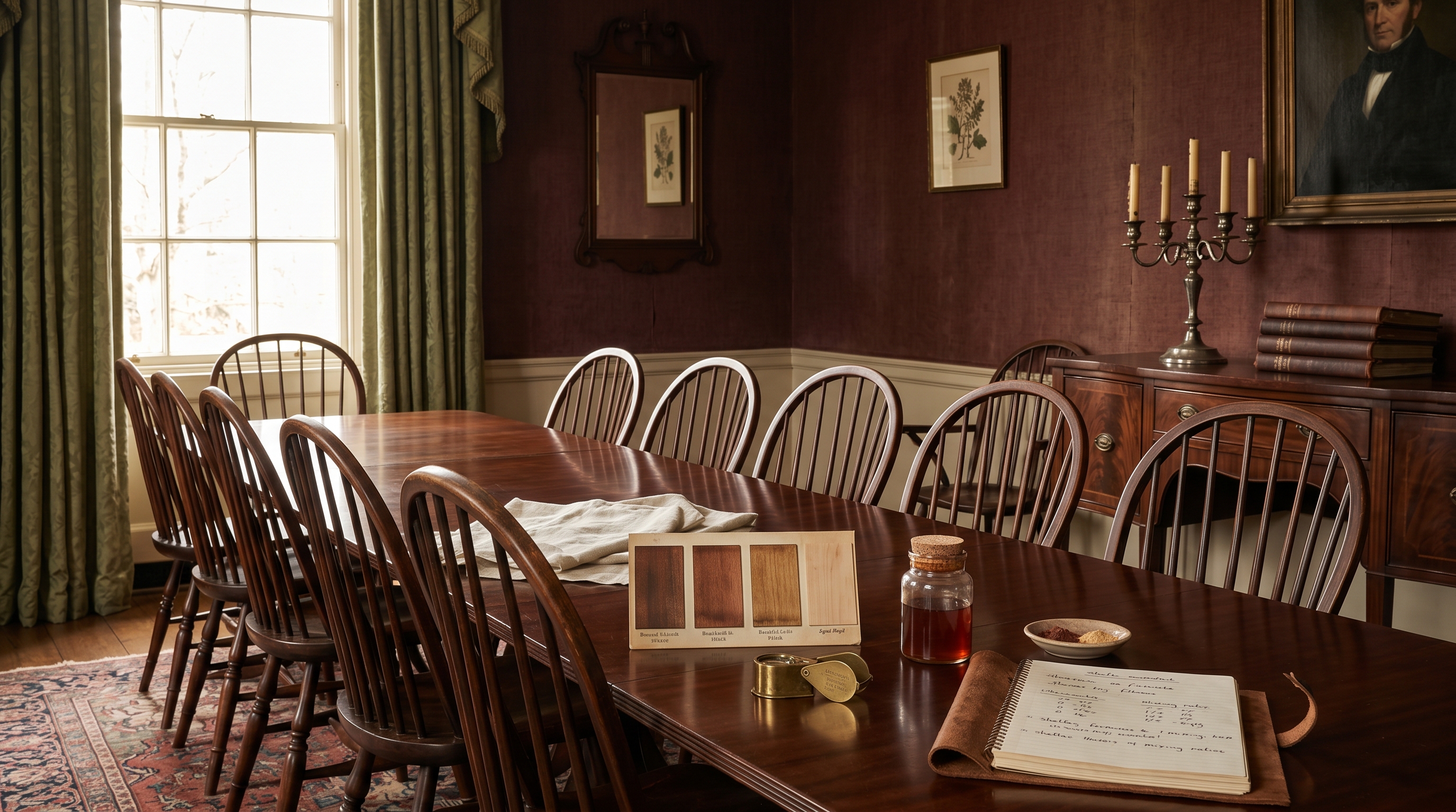 Private-club dining room illustrating match-to-existing discipline — long mahogany hunt-table with a row of twelve identical bow-back Windsor side chairs, eleven aged forty-years and one freshly restored sitting indistinguishable in the row, color-match card with brushed-out finish samples on aged maple swatches, jar of shellac, dish of pigment, brass loupe, Sheraton sideboard with tarnished silver candelabrum