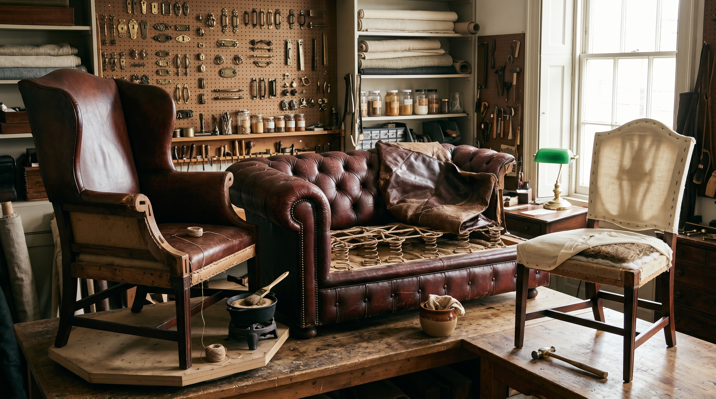 Bergerie workshop bench with three iconic club pieces simultaneously mid period-correct restoration — 1920s oxblood-leather Chesterfield club sofa being rebuilt with visible eight-way hand-tied jute springs, Chippendale wing chair on a turntable with mortise-and-tenon joints being re-glued in hide-glue and front edge-roll hand-stitched, Federal Sheraton side chair with fresh horsehair stuffing under half-tacked muslin