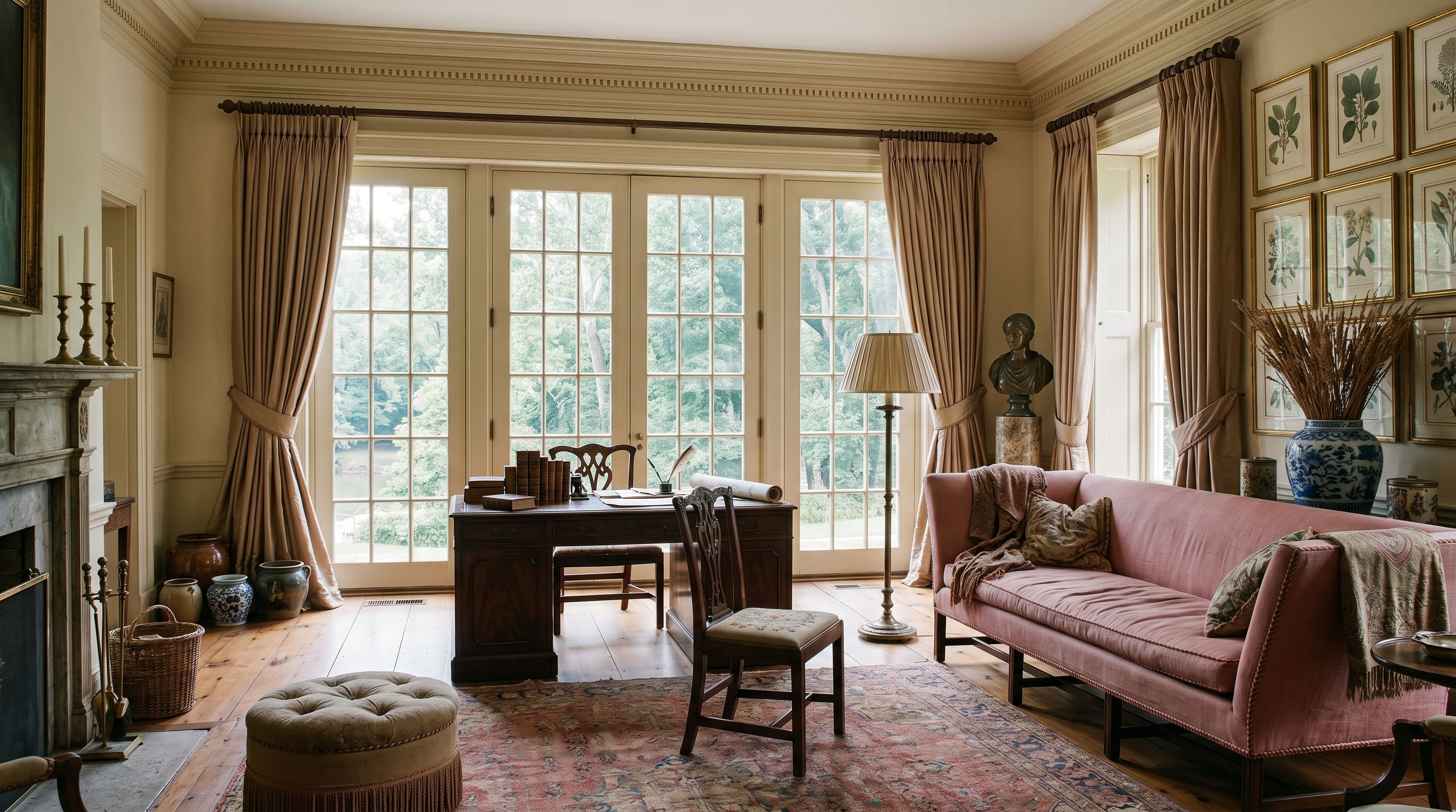 Potomac riverside estate drawing room overlooking the C&O Canal corridor — English partners' desk angled to triple-hung French doors, long Knole sofa in faded rose linen, eighteen-foot ceilings, fawn silk-taffeta drapery pooling on heart-pine floor, sycamores in morning light