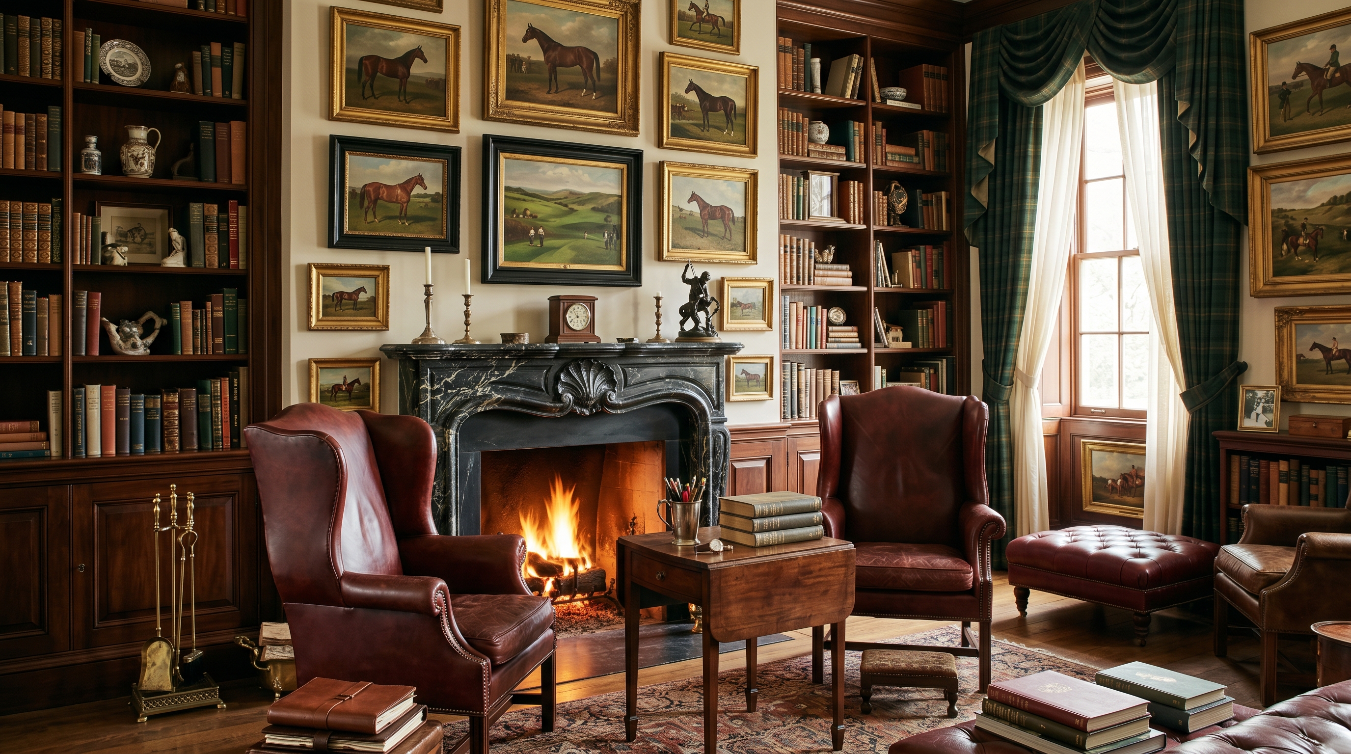 Potomac estate library off the country club — pair of oxblood-leather wing chairs flanking a black-veined marble hearth, mahogany Pembroke table with tarnished silver cup, green-tartan drapery on sash windows, dense salon cluster of equestrian and golf oils above paneled wainscot