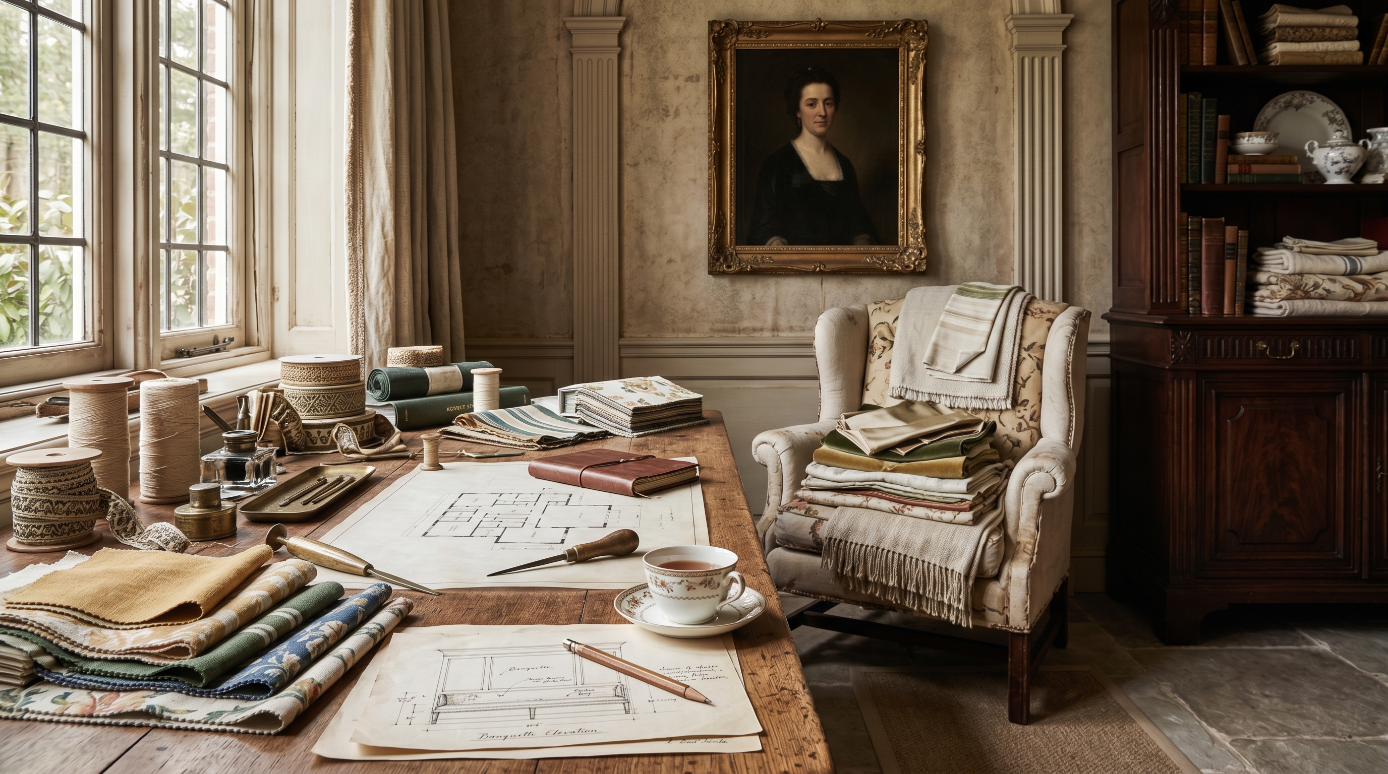 Potomac on-site designer's working corner — French fruitwood farmhouse table with Schumacher and Brunschwig & Fils memos in ochre and forest green, brass bookbinder's awl on an estate floor plan, oil portrait above a worn bergère piled with silk and linen samples