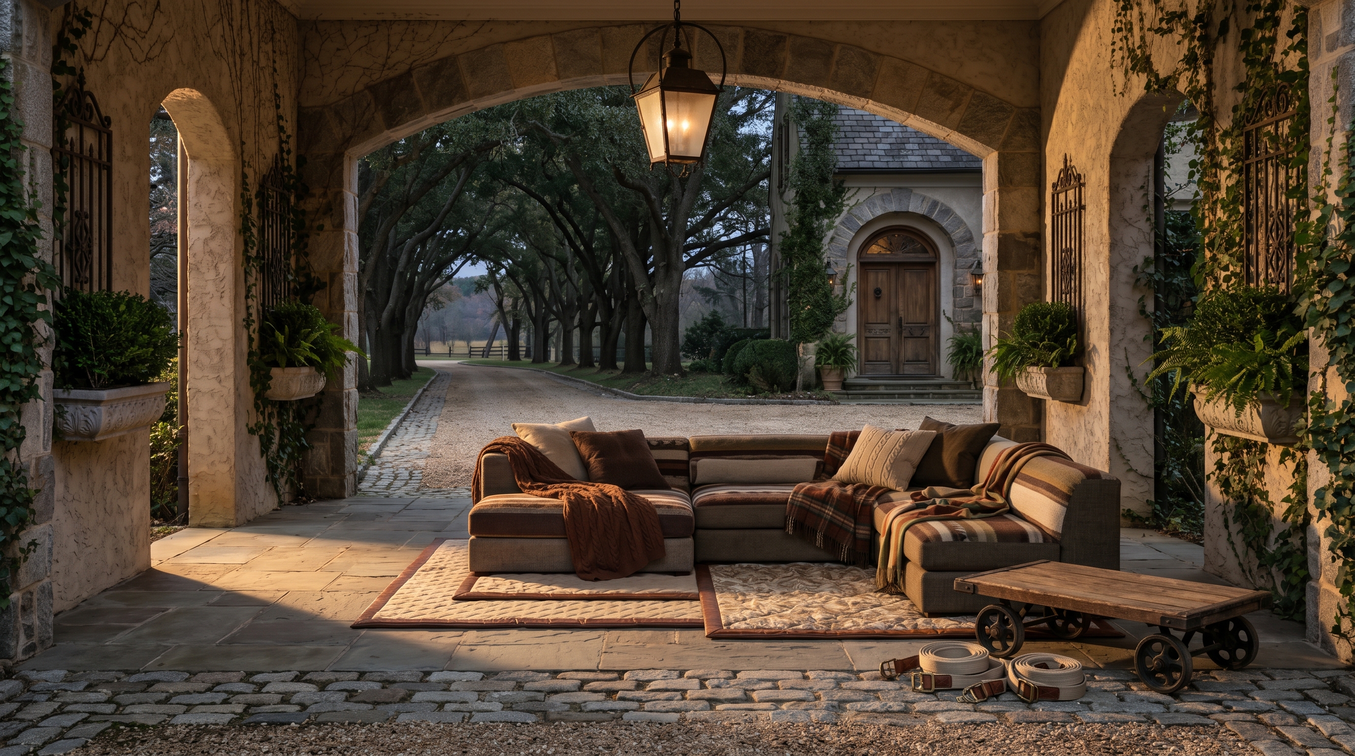 Potomac estate porte-cochère at dusk — wrought-iron lantern on the stone arch, wool-blanket-wrapped sectional in three sections on quilted pads, wooden cargo dolly beside, cotton tie-down straps coiled, mature oaks arching over the cobble-and-gravel drive