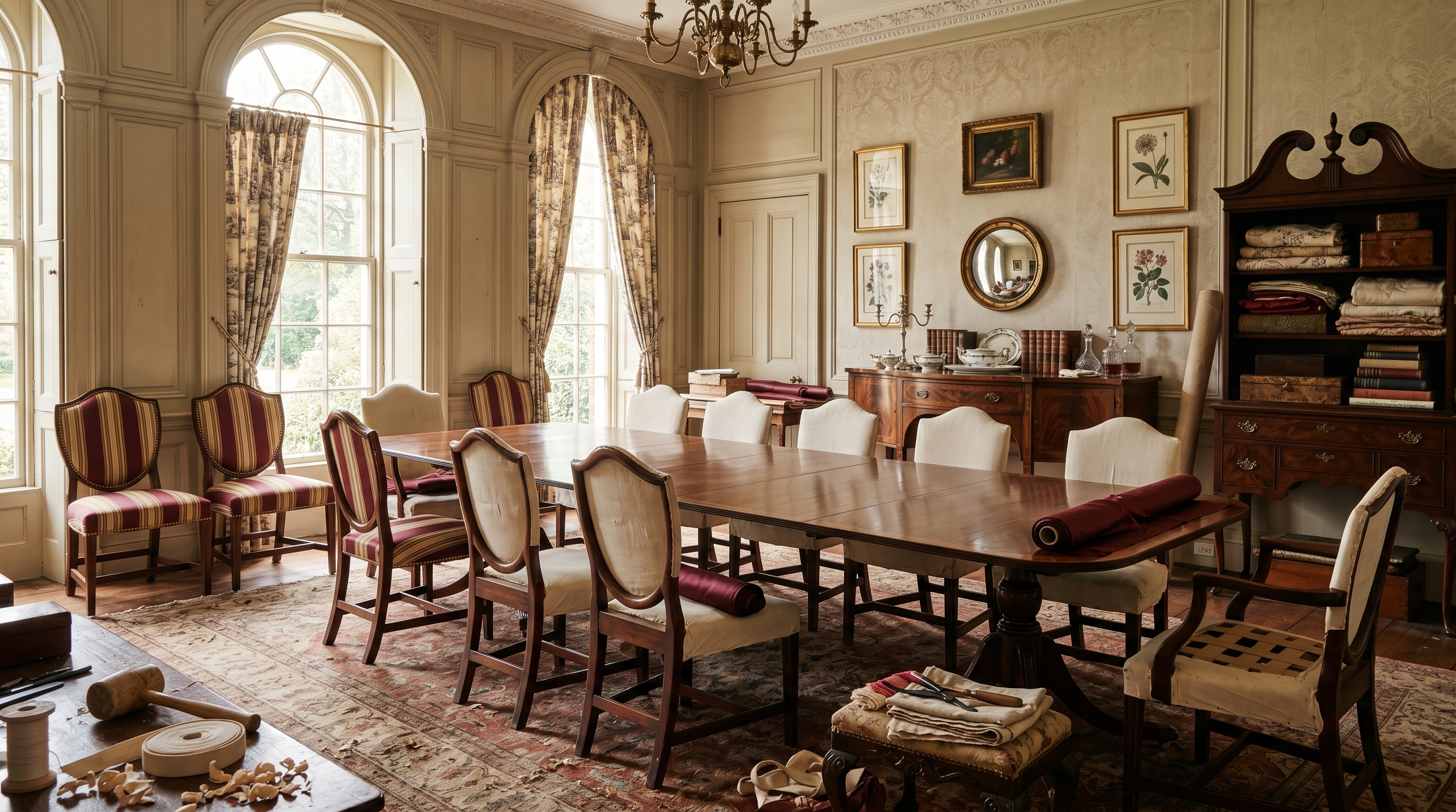 Potomac formal dining room mid-refurbishment — polished mahogany Sheraton banquet table set for fourteen, Hepplewhite shield-back chairs three in striped silk and the rest in cream muslin, Federal sideboard, Chippendale highboy, toile drapery half-hung