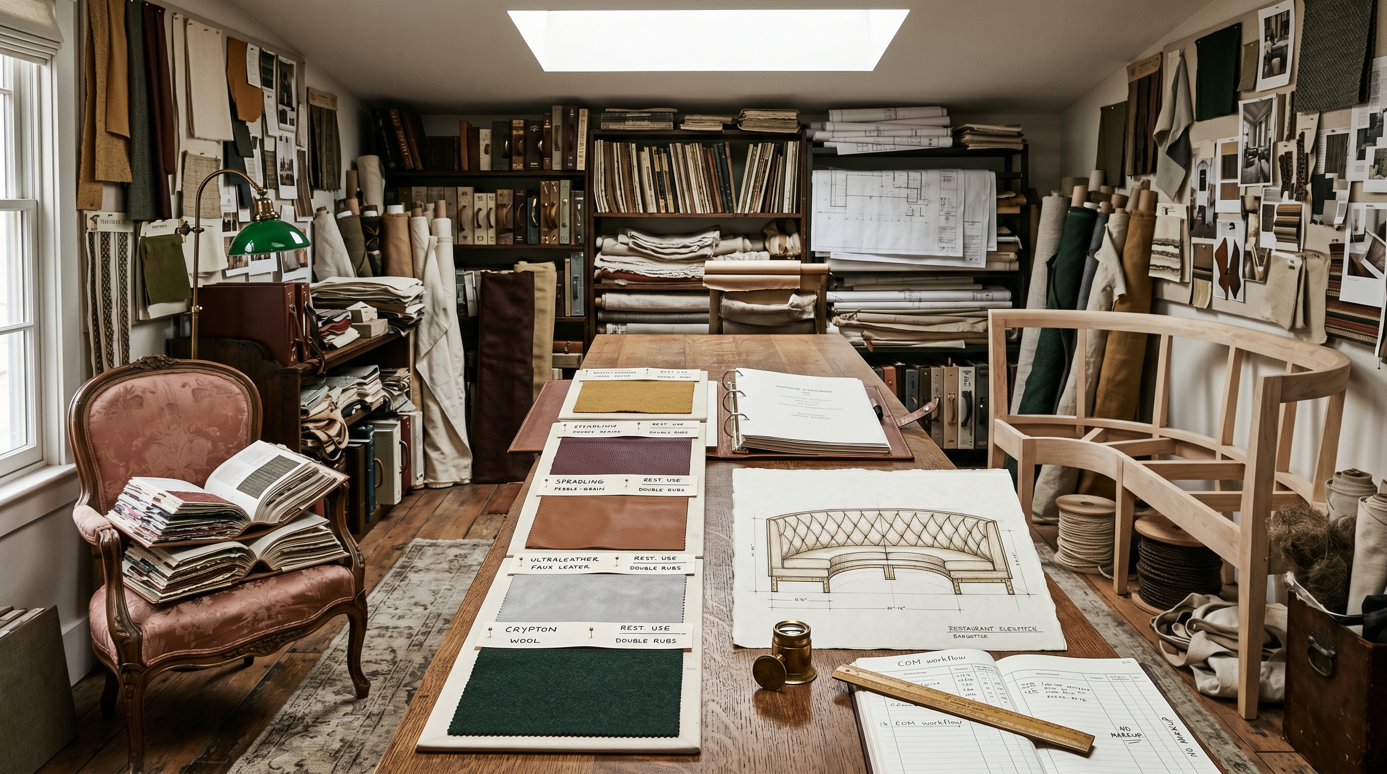 Bergerie restaurant-designer trade workroom on Colvin Street arranged for a hospitality-designer memo-shopping appointment — quartersawn-oak trade table layered with memo cuts of Maharam Tonica ochre, Spradling oxblood vinyl, saddle-tan Ultraleather, Crypton Suede dove-gray, and forest-green wool, hand-drawn curved corner-booth elevation with diamond-channel back, trade-workroom job ledger with COM workflow column