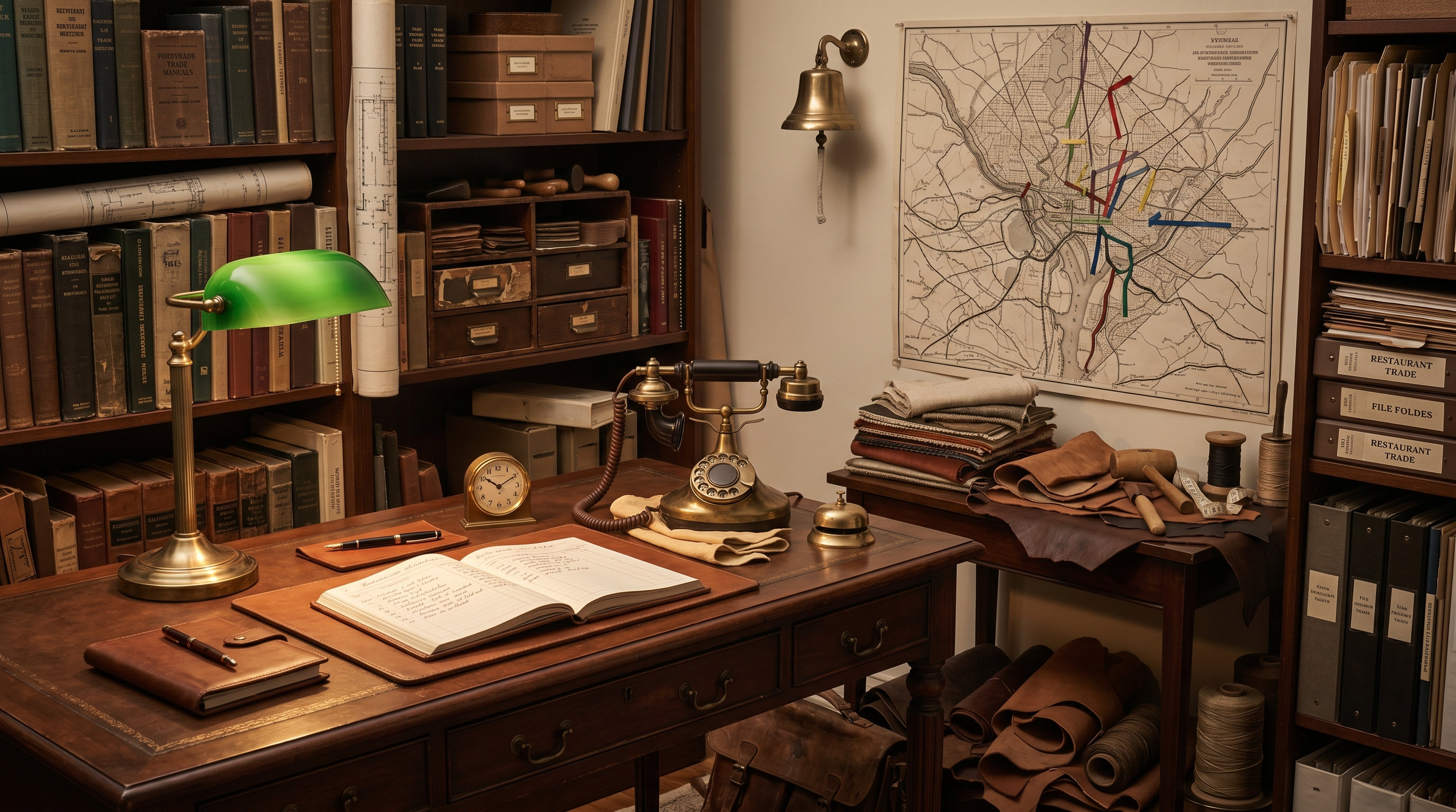 Antonio's workshop office for fast-moving restaurant-operator calls at late evening — leather-topped Federal writing desk with an antique brass-and-bakelite candlestick rotary telephone receiver lifted on a folded chamois, restaurant-inquiry intake ledger open to a hand-written same-week-turnaround log, small brass timepiece showing 11:47, Federal-period DC-metro map with pinned ribbons marking restaurant-corridor neighborhoods