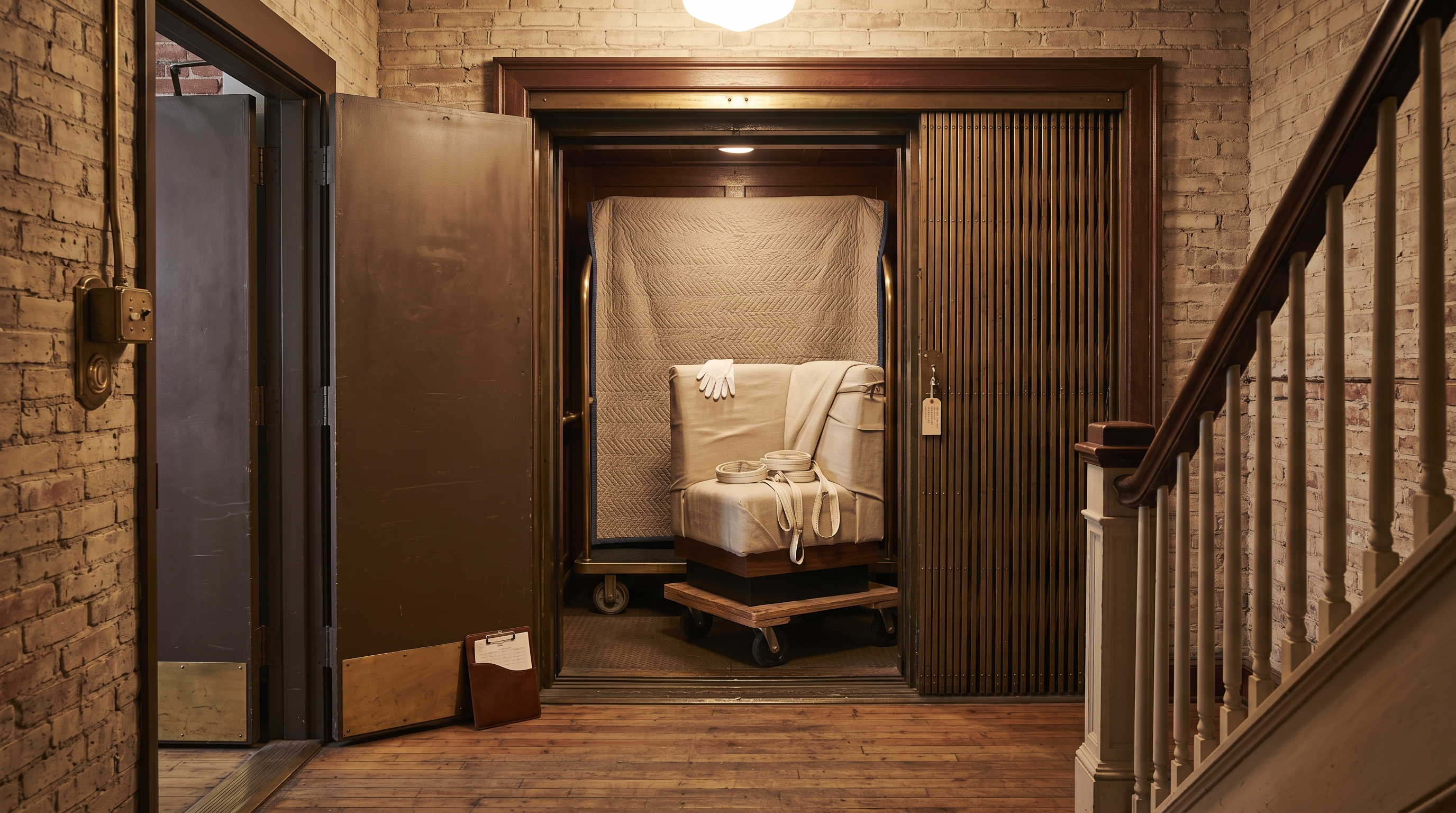 Second-floor restaurant freight-elevator access landing mid pickup-and-delivery — open vintage brass-gate freight elevator with a single blanket-wrapped banquette section on a wooden cargo dolly inside, white-glove cotton gloves on top, hand-tied jute pickup tag, brick-walled service entry with a heavy steel door propped open, Federal-period back-stair railing, folded quilted moving pad on a brass-rail dolly cart