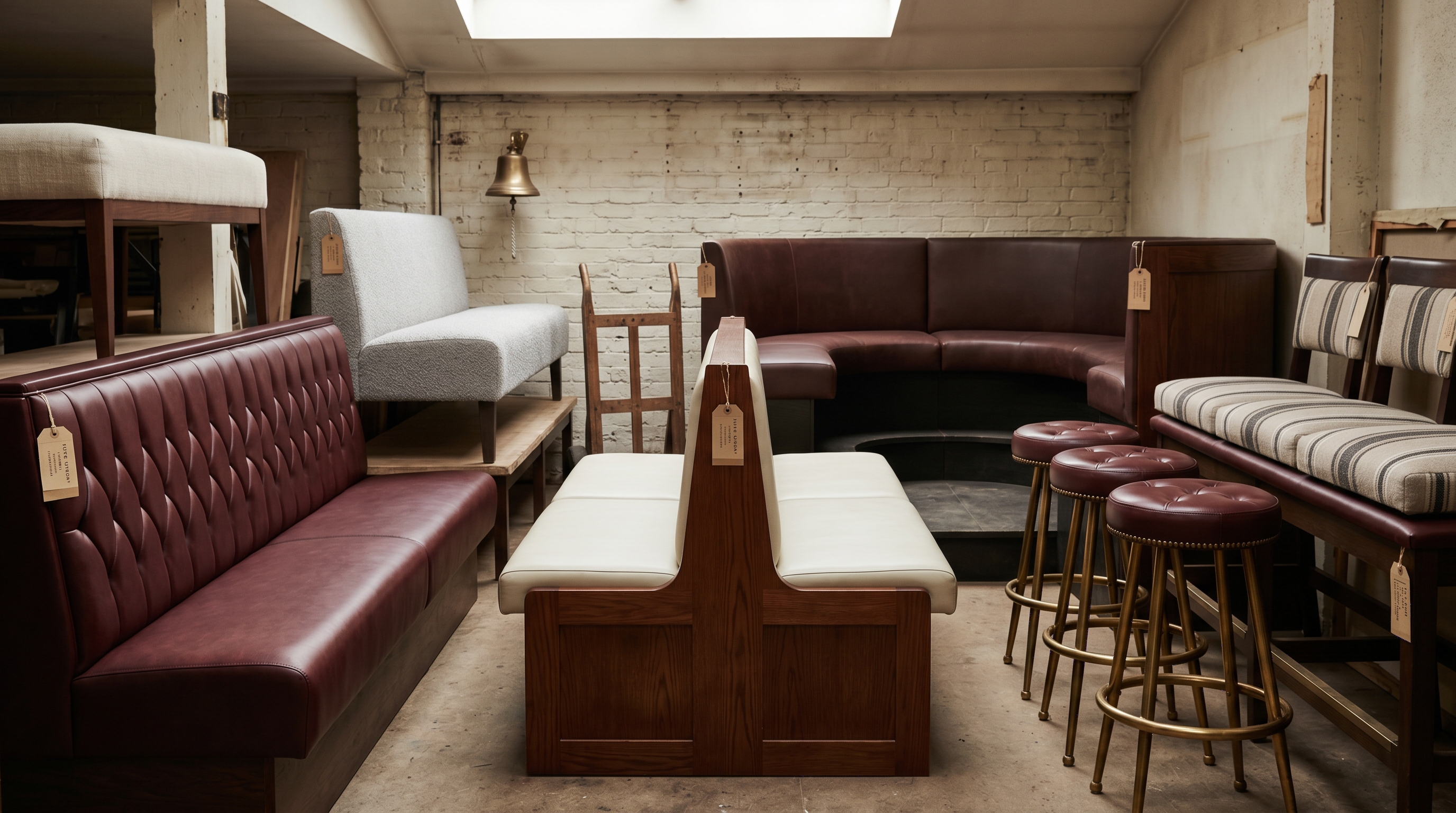 Bergerie restaurant-staging bay with banquette / booth / bar-stool / chair-seat scope tableau — full-length oxblood-vinyl built-in banquette with diamond-channel-stitched back, dove-gray bouclé two-top banquette, back-to-back cherry-stained oak double booth with oyster-leather seat pads, U-shaped private-dining curve, four brass-footrest bar stools with button-tufted oxblood seats, slip-on chair seat-pads in striped contract wool