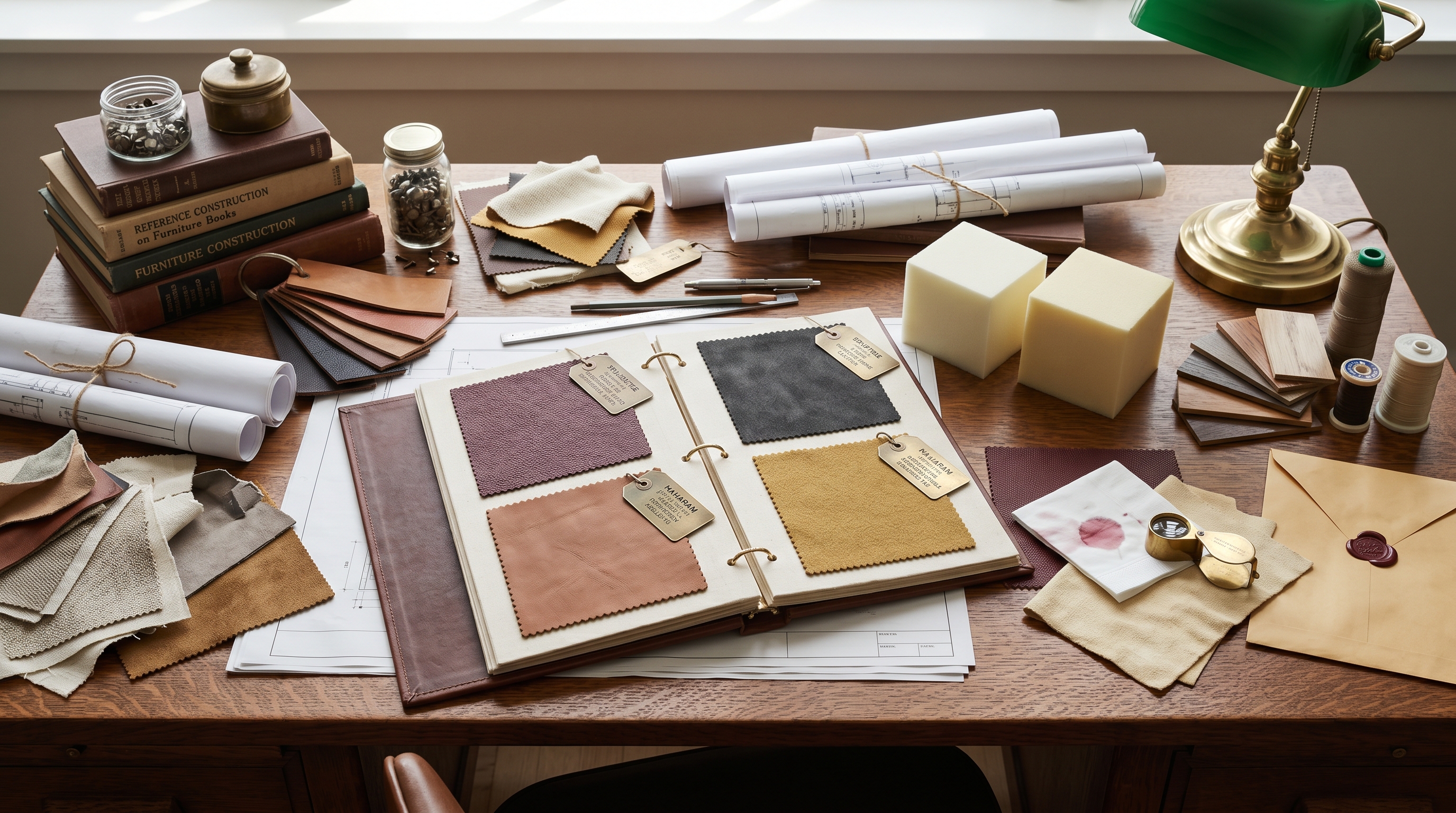 Bergerie restaurant-spec desk for a chef-and-designer review — open leather-bound FF&E spec book pinned with memo cuts of Spradling oxblood pebble vinyl, Maharam Ultraleather saddle-tan, Crypton Suede charcoal, and Maharam Tonica ochre with brass test-burn and 100k+ double-rub tags, side-by-side 1.8-lb and 2.5-lb commercial polyurethane foam cubes, red-wine wipe-clean cleanability swatch demo