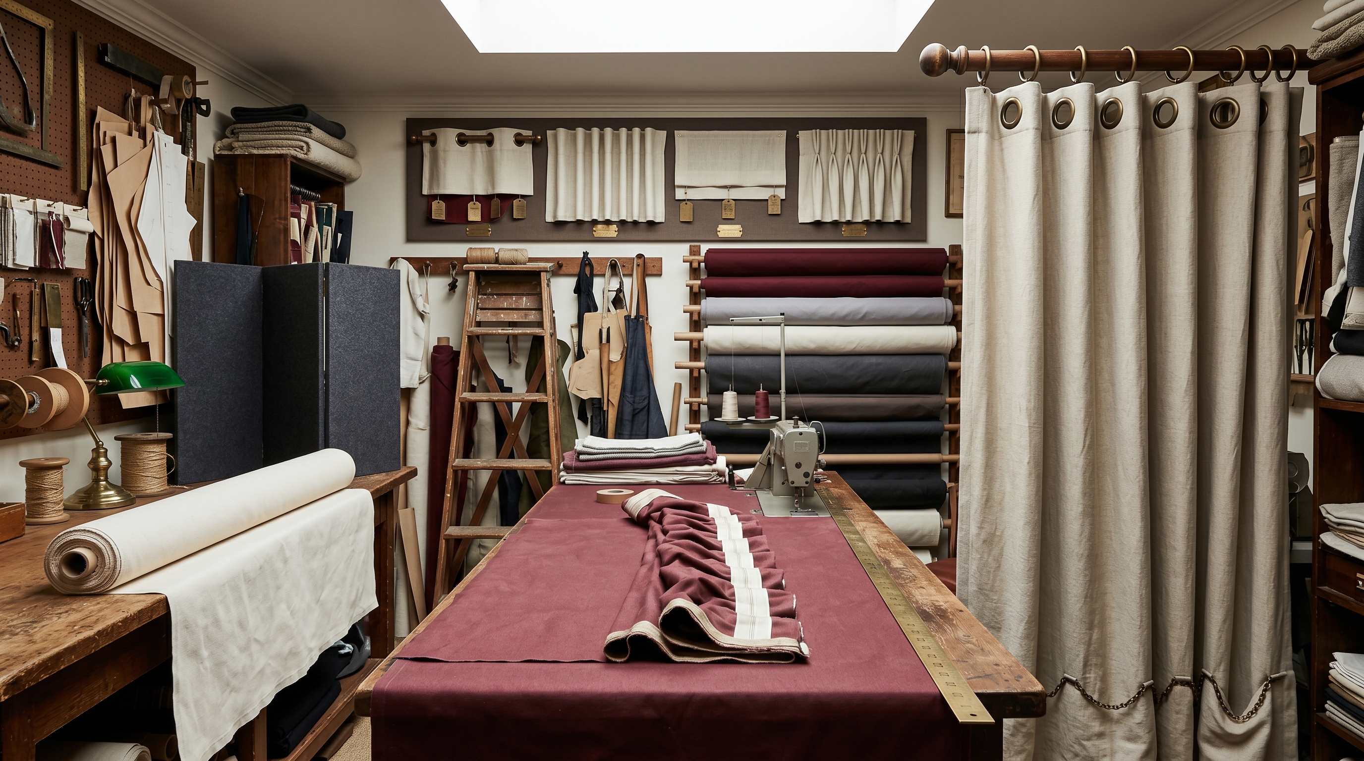 Bergerie retail-curtain workroom for fitting-room curtain fabrication — long cutting table covered in deep-oxblood brand-color canvas with a partly-sewn heavy-duty commercial ripple-fold header and brass yardage rule, finished fitting-room curtain hung vertically on a wooden rod with chunky brass rings and large brass grommets and a weighted-hem chain pocket, header-style sample display board (rod-and-grommet, ripple-fold, snap-tape, pinch-pleat)