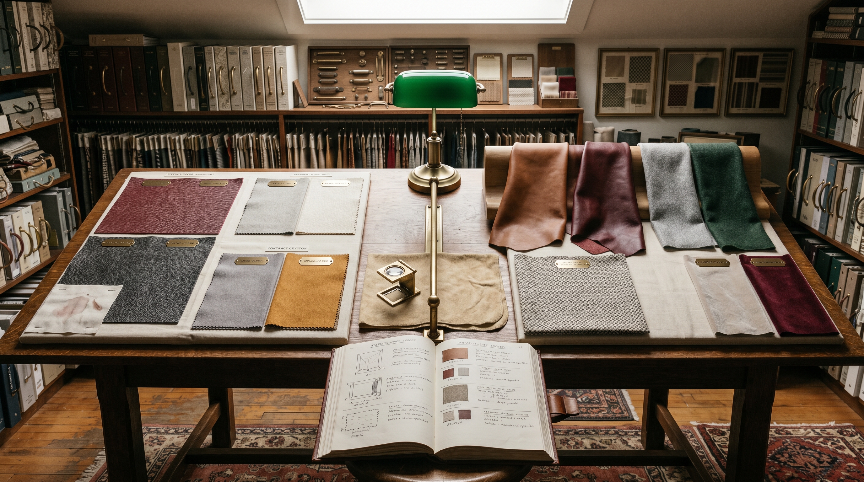 Bergerie retail-material-spec table with side-by-side palette comparison — FITTING ROOM side: cleanable oxblood and charcoal performance-vinyl pebble-grain memos, dove-gray and ochre Crypton with wipe-clean and color-fast tags and a smudge-and-wipe test, VIEWING AREA side: saddle-tan and oxblood top-grain leather draped over a wooden form, dove-gray and forest-green merino wool, oyster and burgundy contract velvet