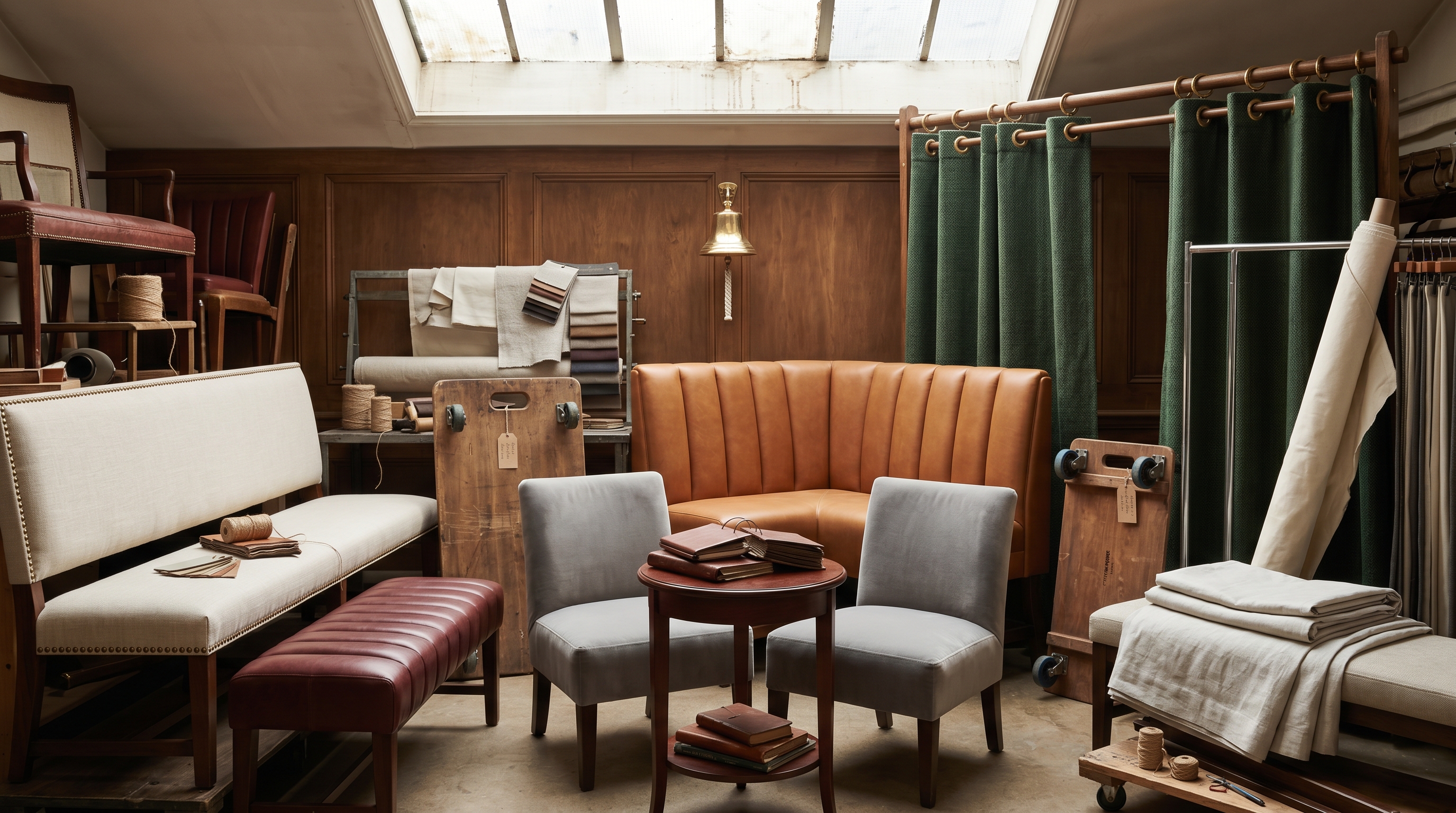 Bergerie retail-staging bay multi-format tableau — cream-linen storefront bench with brass-cap nailhead trim, oxblood-crypton fitting-room bench with channel-stitched top, dove-gray contract-velvet viewing-area slipper chairs flanking a memo-piled mahogany table, saddle-tan top-grain leather channel-back showroom banquette, oxblood canvas fitting-room curtains on a wooden rod with heavy brass rings and grommets, oyster window-display drapery panel