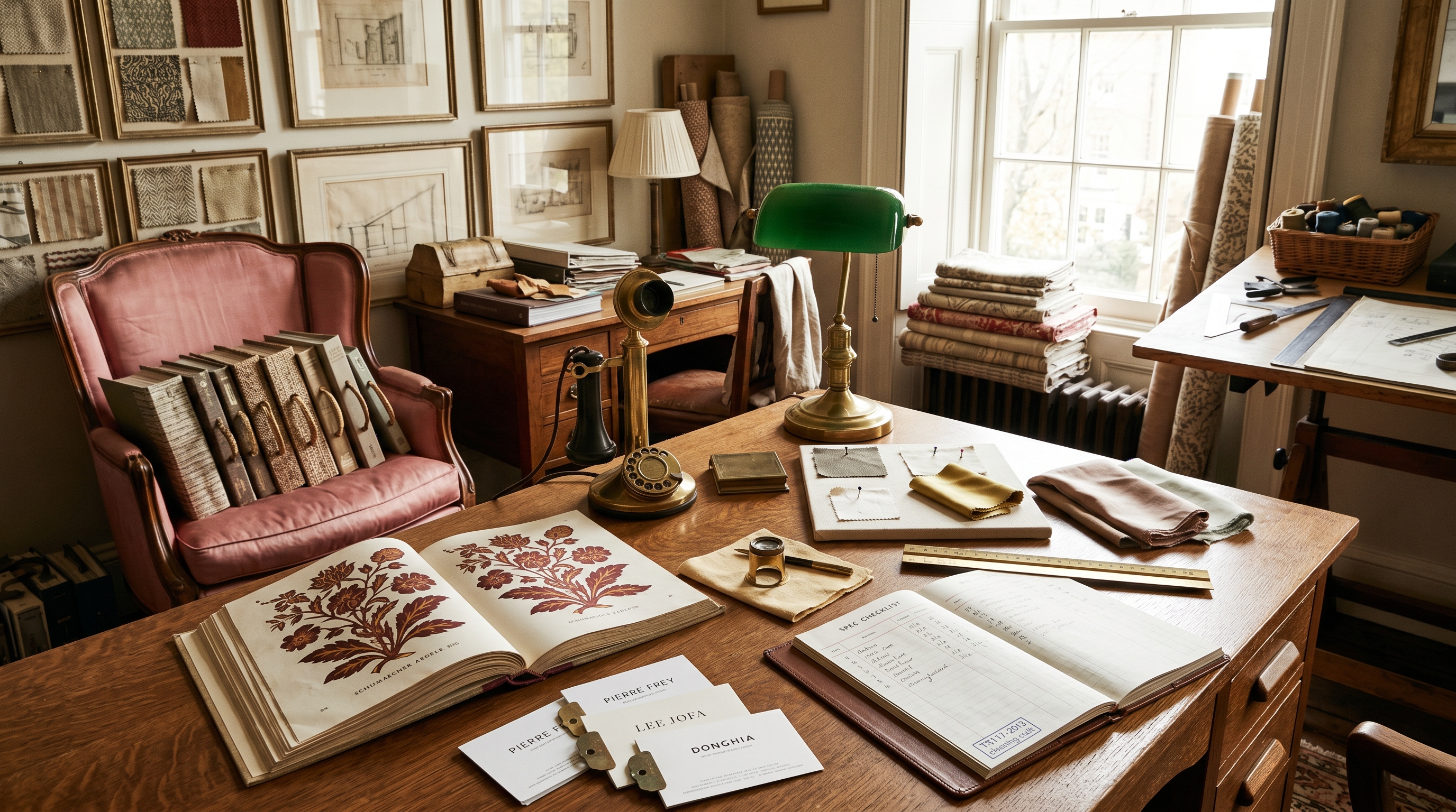 Designer's working corner mid trade-rep specification call — quartersawn-oak designer's desk with an open Schumacher sample book showing a hand-blocked oxblood-and-ochre botanical print, Pierre Frey toile / Lee Jofa damask / Donghia textured-wool memo cards tagged with brass tabs, spec checklist ledger open to a four-line specification (pattern / color / yardage / content), TB117-2013 cleaning-code stamp, brass loupe on chamois, antique candlestick rotary telephone mid-call