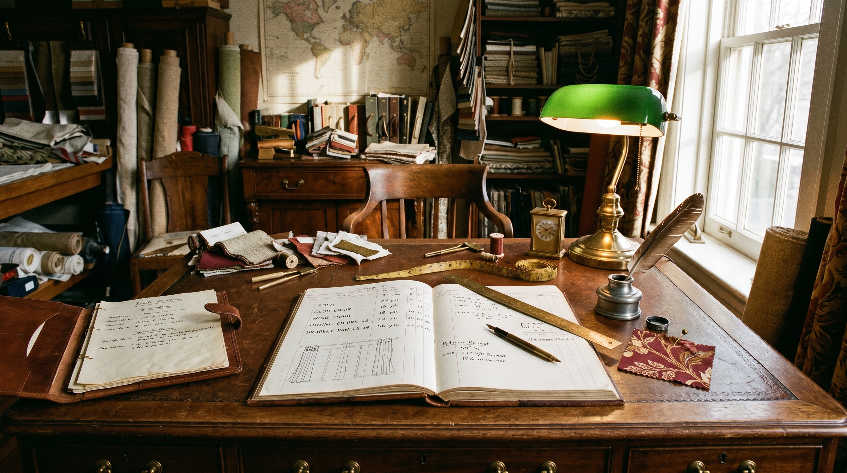 Antonio's yardage-confirmation desk — leather-bound yardage ledger open flat showing a hand-drawn five-row multi-piece yardage table (SOFA, CLUB CHAIR, WING CHAIR, DINING CHAIRS x6, DRAPERY PANELS x4) with pattern-repeat arithmetic in the margin and pleat-allowance sketches, brass scale ruler across the page, brass tape measure unspooled to a pattern-repeat measurement, the project's oxblood-and-ochre COM swatch pinned at the corner