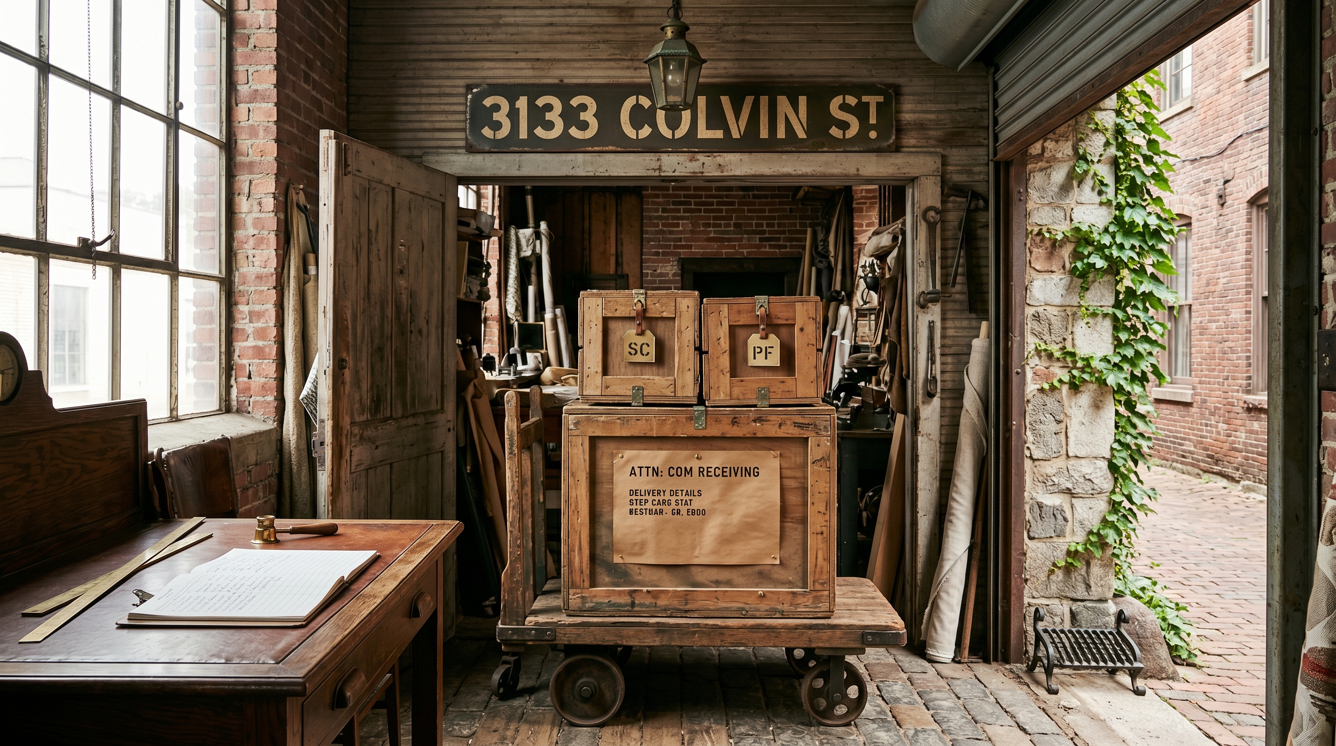Bergerie workshop COM-receiving bay at the Colvin Street loading dock mid trade-rep shipment arrival — wooden cargo dolly inside the open loading-bay doorway holding three sealed wooden shipping crates labeled with Schumacher / Pierre Frey / Lee Jofa stencil monograms, brown-craft packing slip with an ATTN: COM RECEIVING header, painted-metal 3133 COLVIN ST sign above the bay, brass dock-house lantern, clipboard with delivery log
