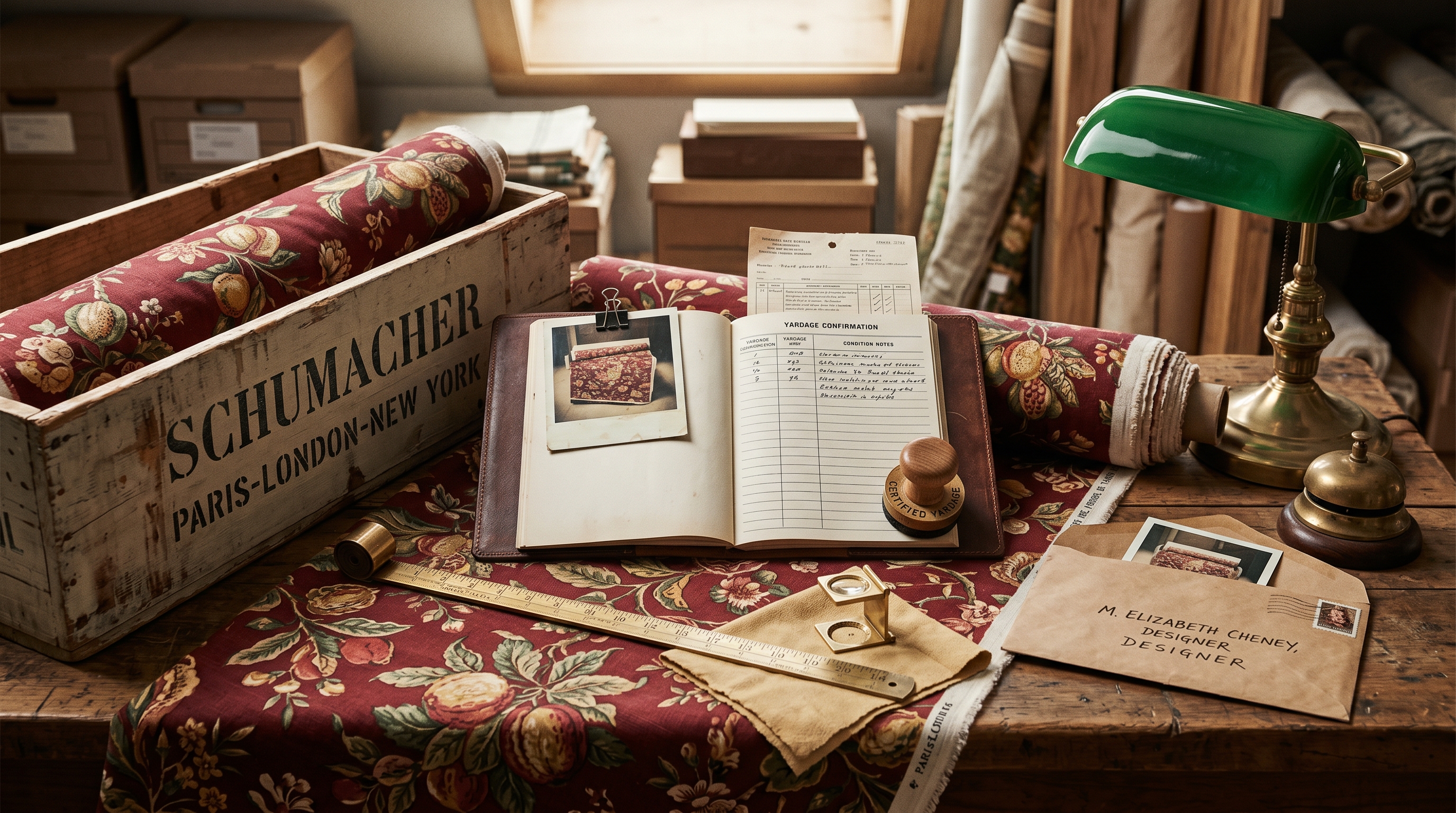 Bergerie COM-intake-and-condition-report station — opened Schumacher shipping crate with the heavy bolt of oxblood-and-ochre botanical fabric unrolled across the bench in a 4-yard run, Polaroid-style instant photograph of the bolt clipped to a leather-bound condition memo with parallel condition-report and yardage-confirmation columns, brass yardage rule unspooled across the bolt, brass certified-yardage stamp