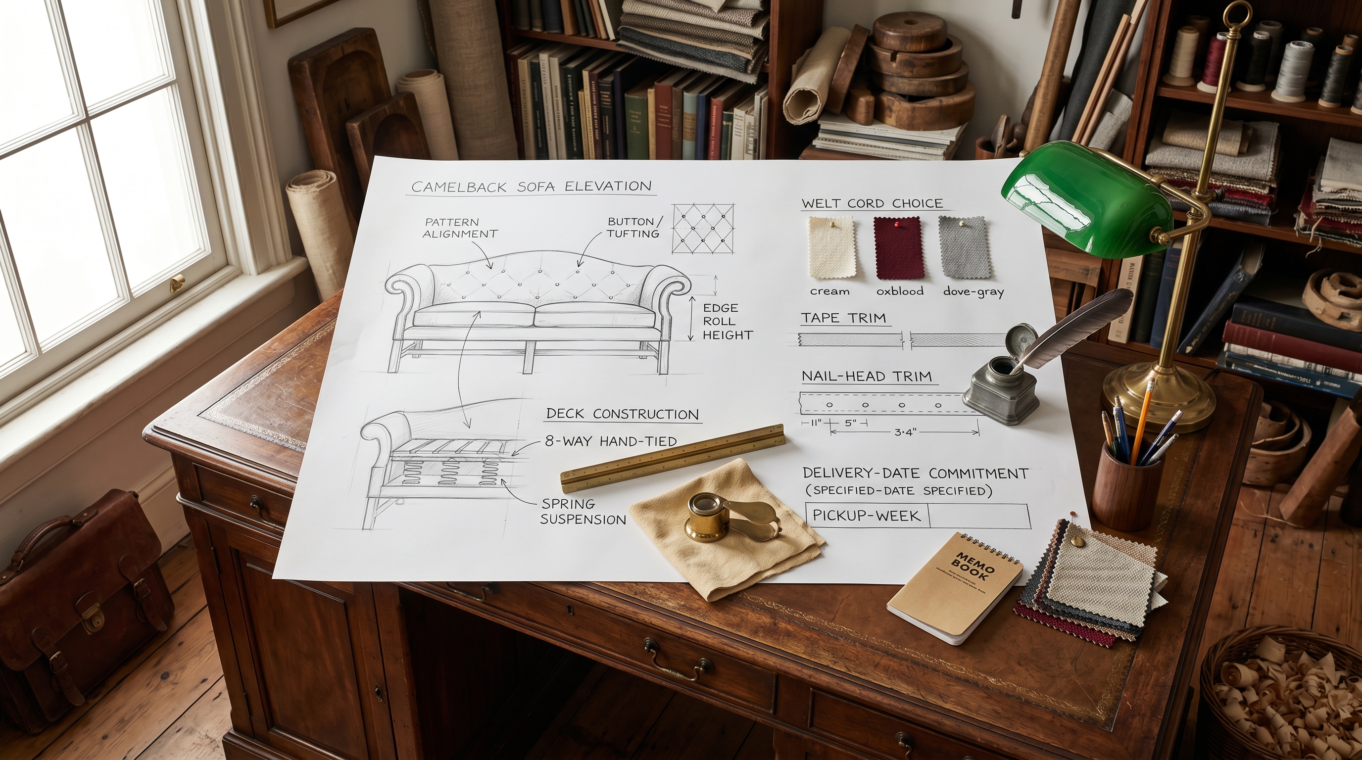Bergerie scope-sign-off desk with a designer's annotated specification working sheet — hand-drawn Camelback sofa elevation with annotated arrows pointing to PATTERN ALIGNMENT, BUTTON / TUFTING (diamond pattern with spacing), EDGE ROLL HEIGHT, DECK CONSTRUCTION (8-WAY HAND-TIED cutaway), plus finish details — WELT CORD CHOICE swatches (cream / oxblood / dove-gray), TAPE TRIM, NAIL-HEAD TRIM spacing diagram, hand-written delivery-date commitment at the bottom
