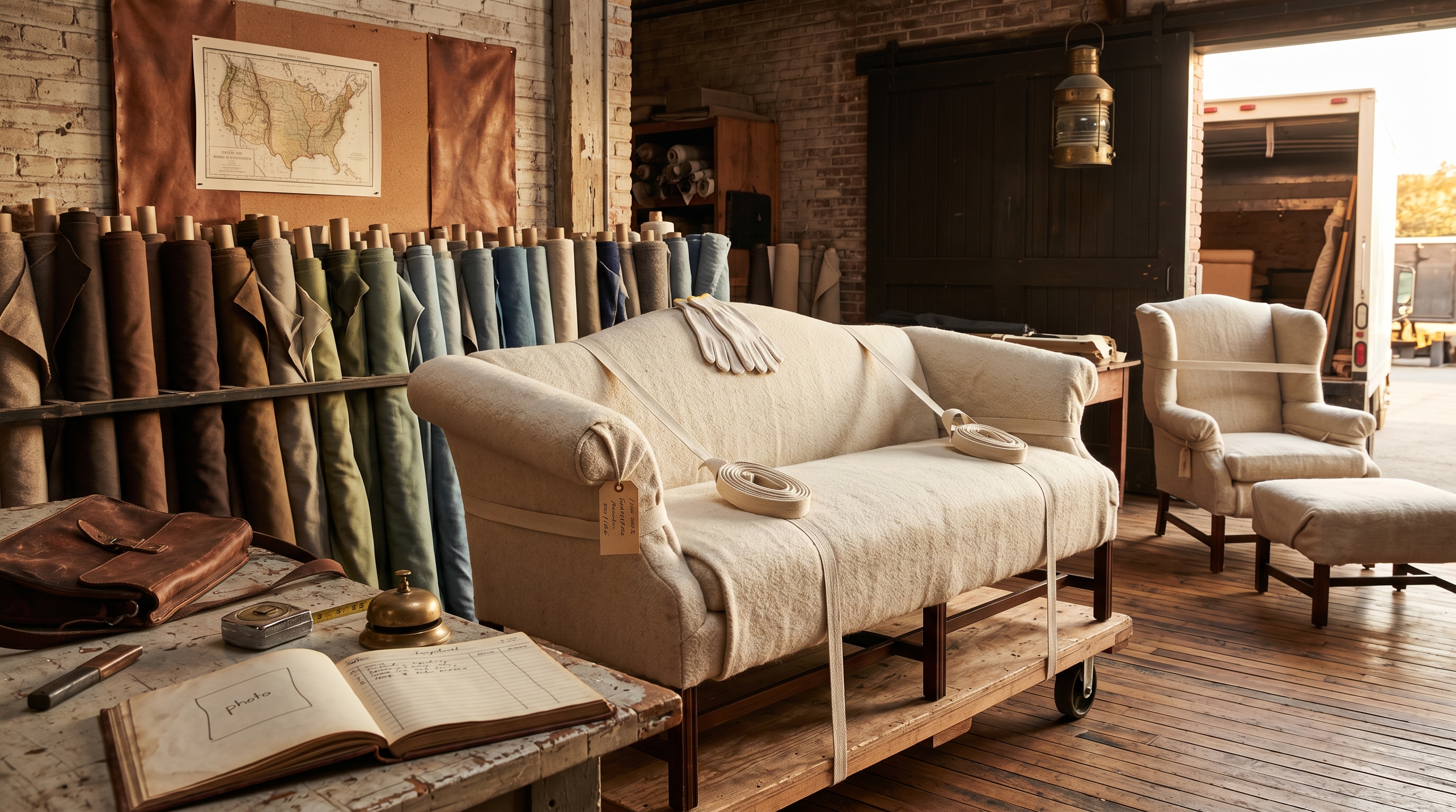 Designer's warehouse staging bay at golden hour mid pickup of the existing Camelback sofa for reupholstery — wooden cargo dolly with the existing Camelback freshly blanket-wrapped in cream wool moving pads and jute-tagged, 2-person crew's leather satchel and brass tape measure on a side bench, designer's warehouse with rolled fabric bolts on a rack, matching dining chairs awaiting next pickup, wrapped wing chair and ottoman in the loading-area background