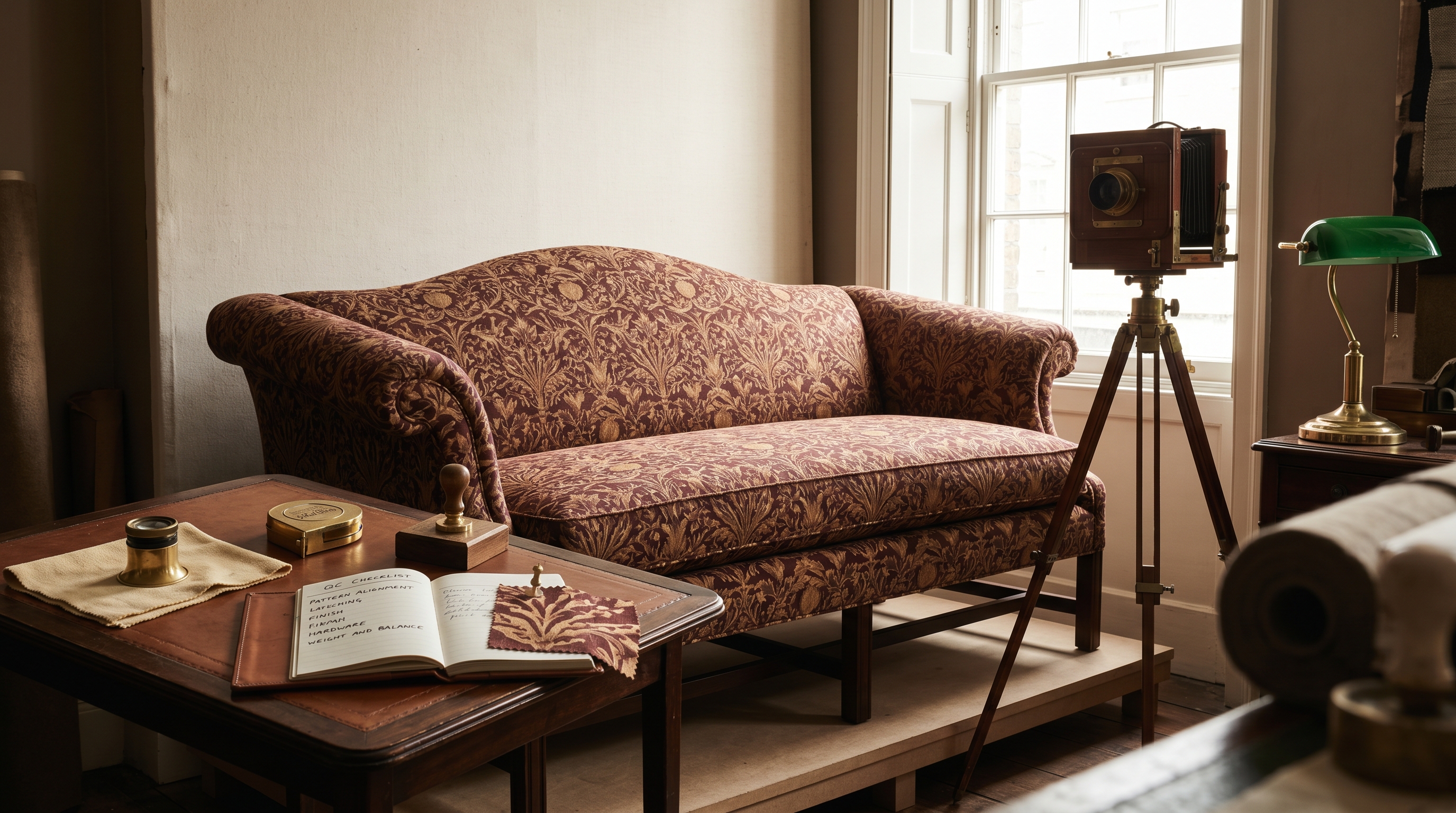 Antonio's QC walk on the finished Camelback sofa — sofa on a low fitting platform with the COM oxblood-and-ochre botanical pattern centered and seam-aligned, vintage tripod-mounted brass-and-mahogany period view camera set up for the final-piece photo, Antonio's QC tools on a side table (brass loupe / brass tape measure / QC checklist ledger open to a walk-through page with PATTERN ALIGNMENT / STITCHING / FINISH / HARDWARE / WEIGHT AND BALANCE headers / brass spec-sign-off seal stamp)