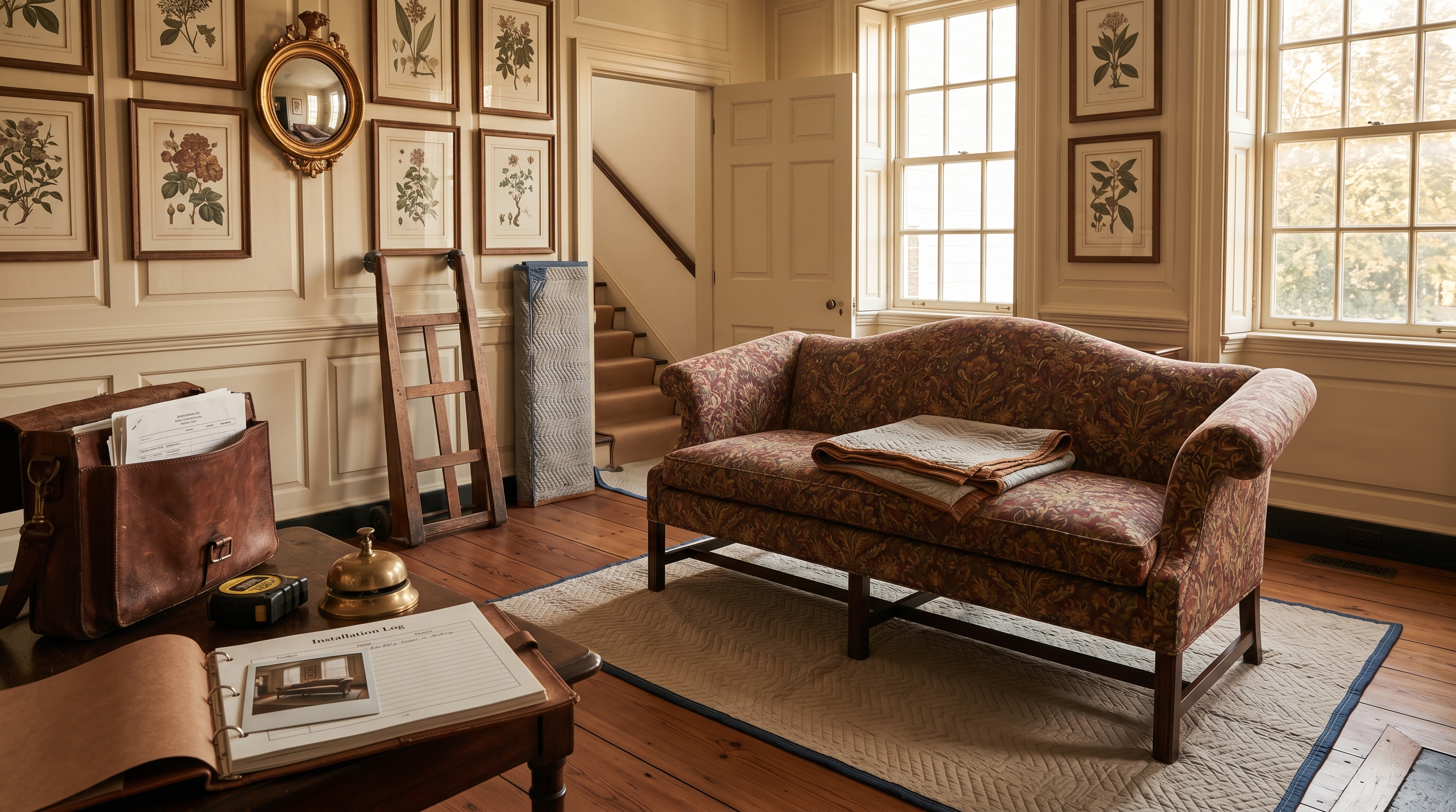 Federal-period DC-metro residential drawing room at golden hour mid white-glove install of the finished Camelback sofa — sofa positioned on a quilted floor-protection pad, the COM oxblood-and-ochre botanical reading against a cream-paneled wall, blanket-wrap folded on the cushion, wall protection padding on the corner, A-frame furniture dolly and stair-protection runner visible, install-log book with a Polaroid of the placement, chair rail and salon-hung botanicals