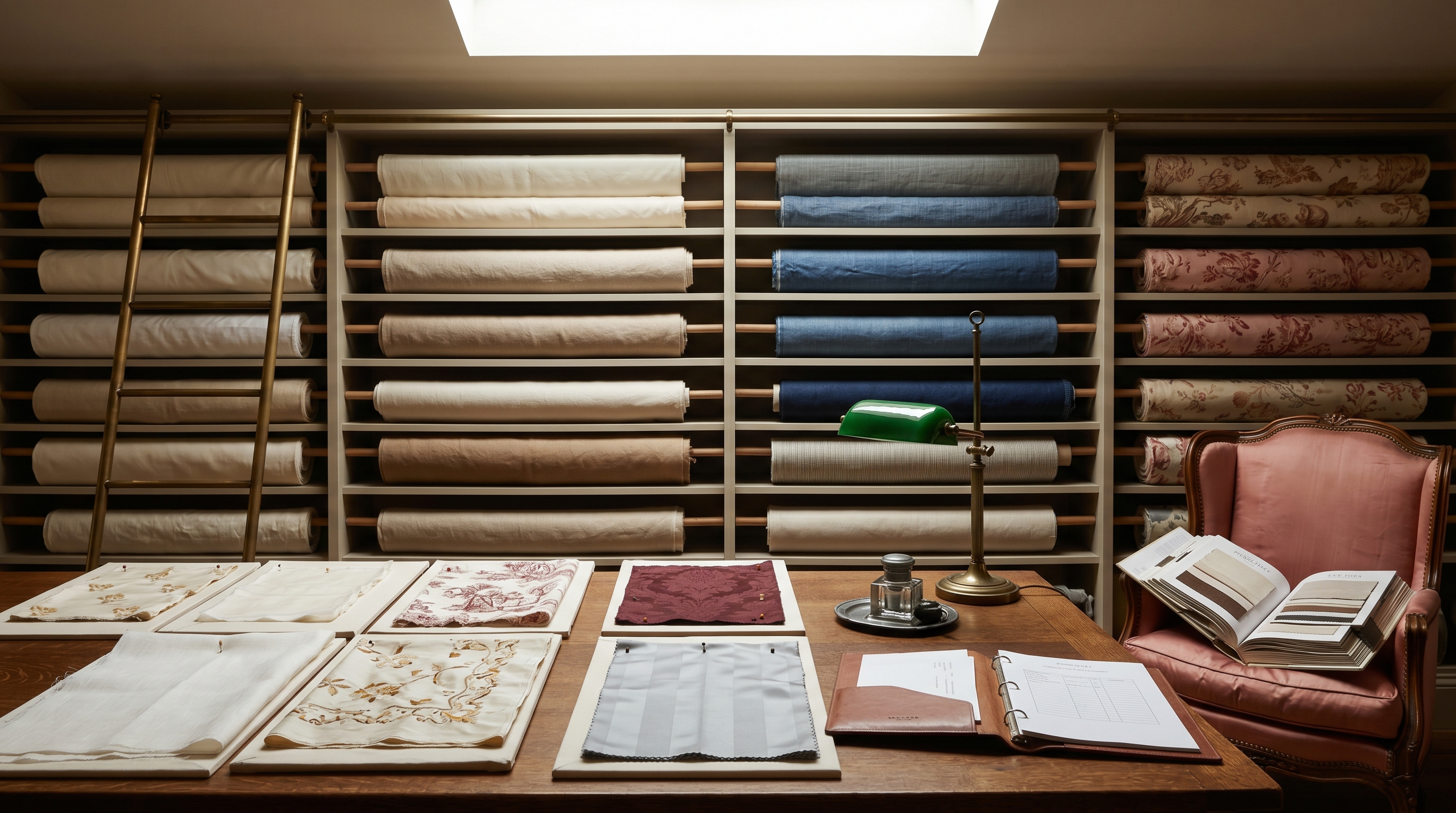 Bergerie drapery-fabric memo room — quartersawn-oak memo table layered with sheer ivory linen, embroidered ochre silk, hand-blocked toile, oxblood damask, and dove-gray taffeta cuts pinned to muslin boards, wall of horizontal cubbies holding drapery bolts on dowels, brass library ladder, faded rose-silk bergère piled with Pierre Frey and Lee Jofa memo books