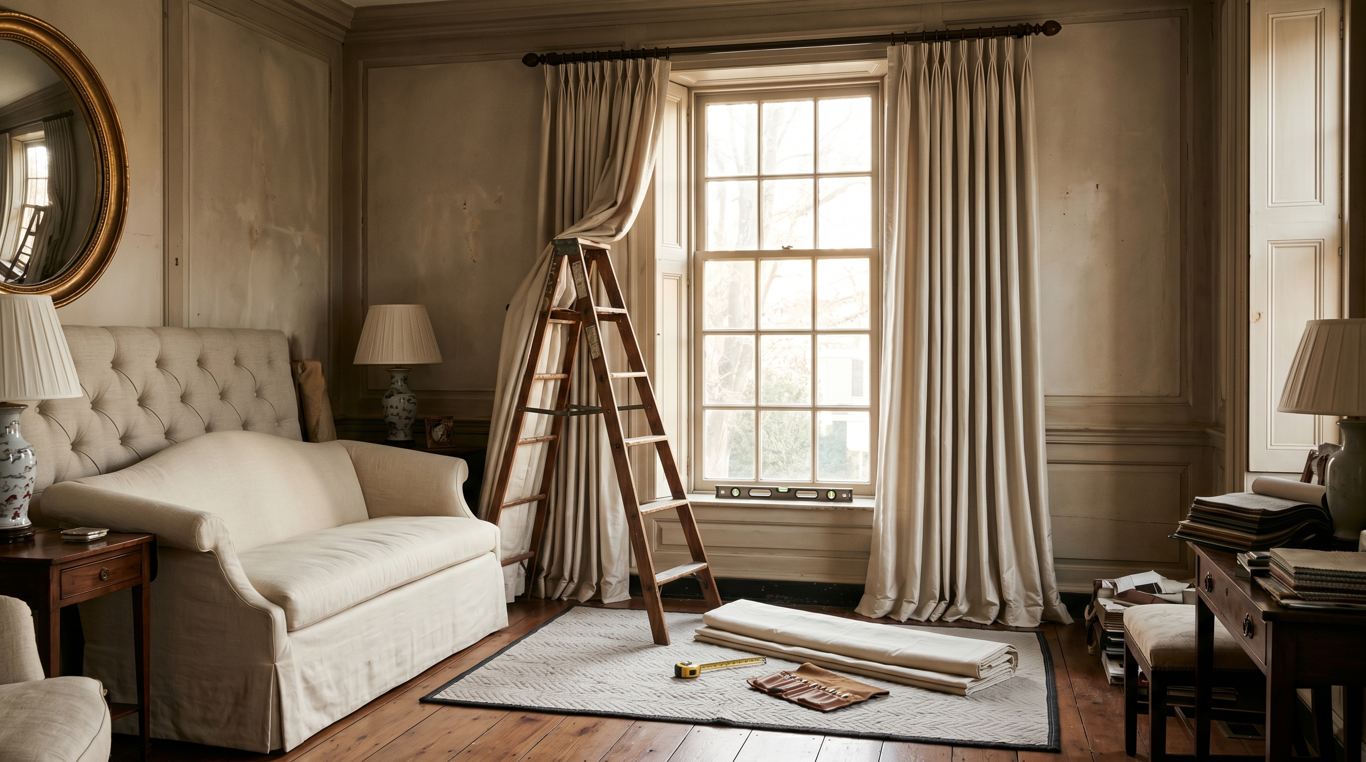 On-site drapery installation in a Federal-period DC-metro drawing room at golden hour — tall twelve-pane sash window with freshly installed triple-pinch-pleat oyster-silk panels one fully hung and softly pooled the other mid-install over an A-frame ladder, oil-rubbed bronze rod with acorn finials, muslin-wrapped Roman shade and brass tape measure on a quilted pad below, Camelback sofa in a finished cream-linen slipcover beside